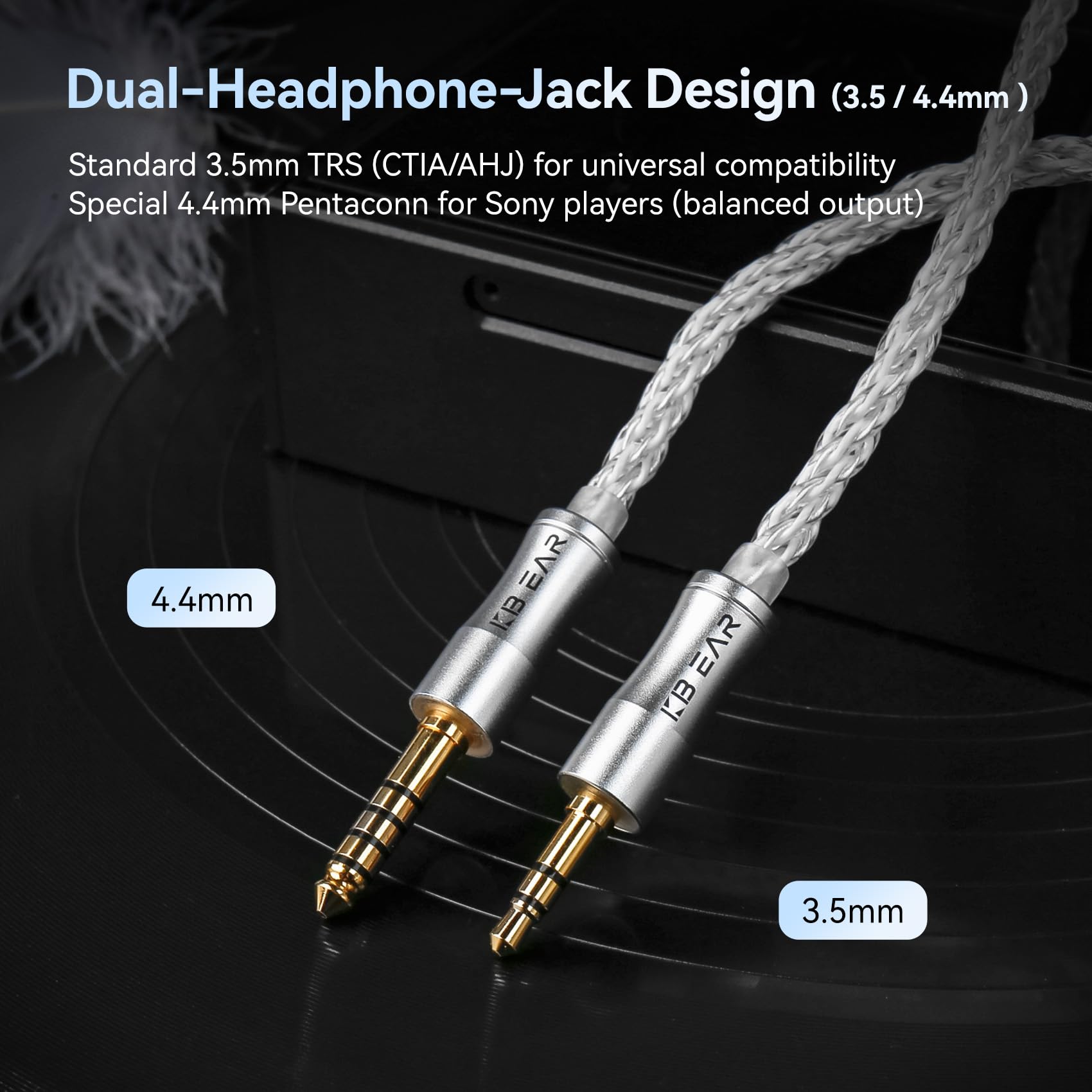 Yinyoo KBEAR IEM Câble à 2 broches, plaqué argent OFC 5N 8 conducteurs, câble 2 Pins 120 cm pour écouteurs intra-auriculaires prise jack 4,4 mm, compatible avec Ki-wi Ears pour musiciens/audiophiles