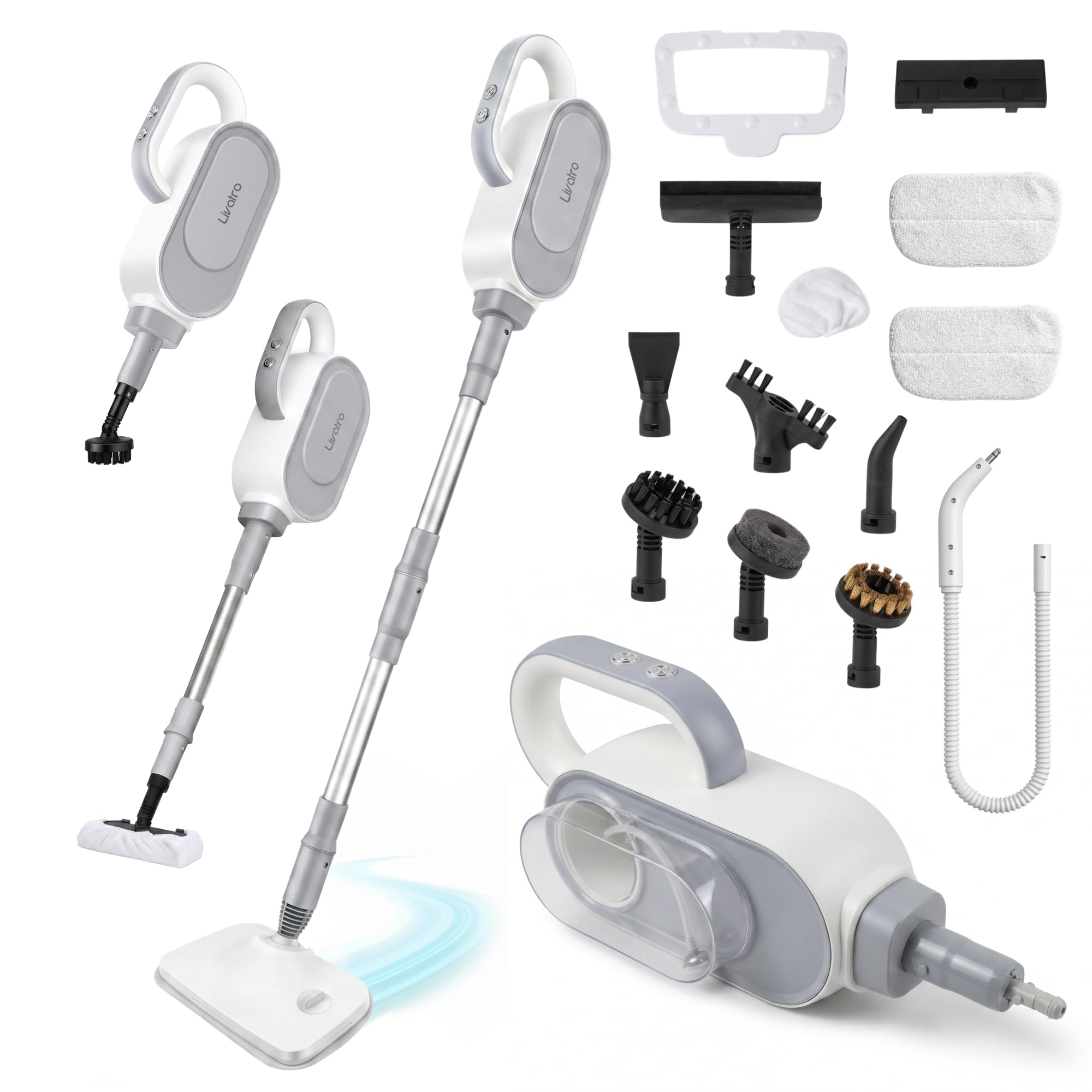 Livatro Mopa de vapor 13 en 1 con limpiador de mano desmontable | Depósito XL 500 ml · 1500 W · Vapor 130 °C · 3 niveles · Cable 5 m · Sin productos químicos