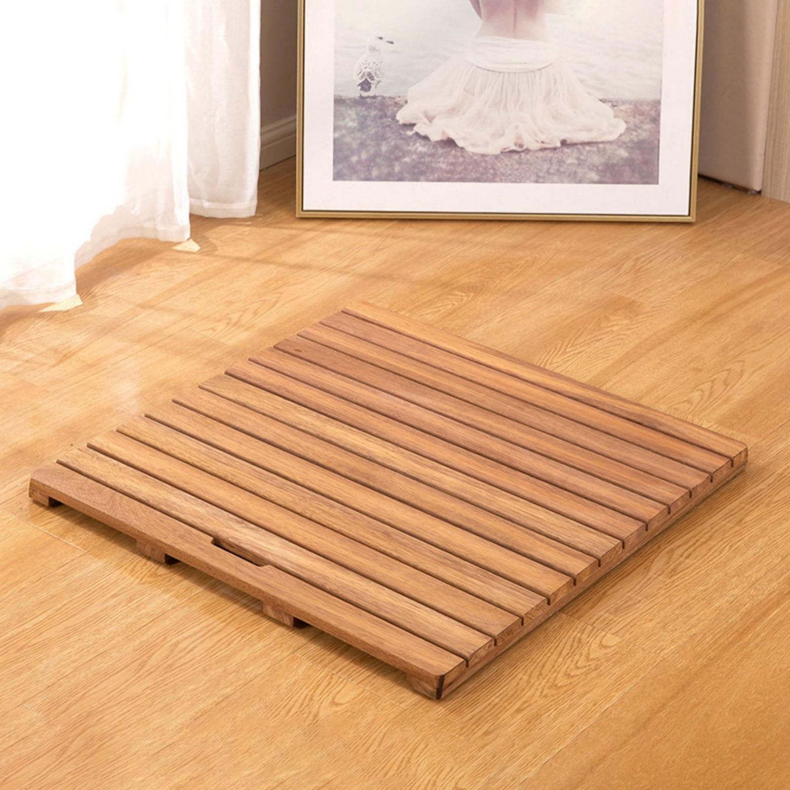 QIYFOZ Customizable Non-Slip Solid Wood Shower Mat - Waterproof Bath Mat with Drainage Slats for Bathroom, Beach, Sauna & Pool - 70cm x 80cm (27.5" x 31.5")