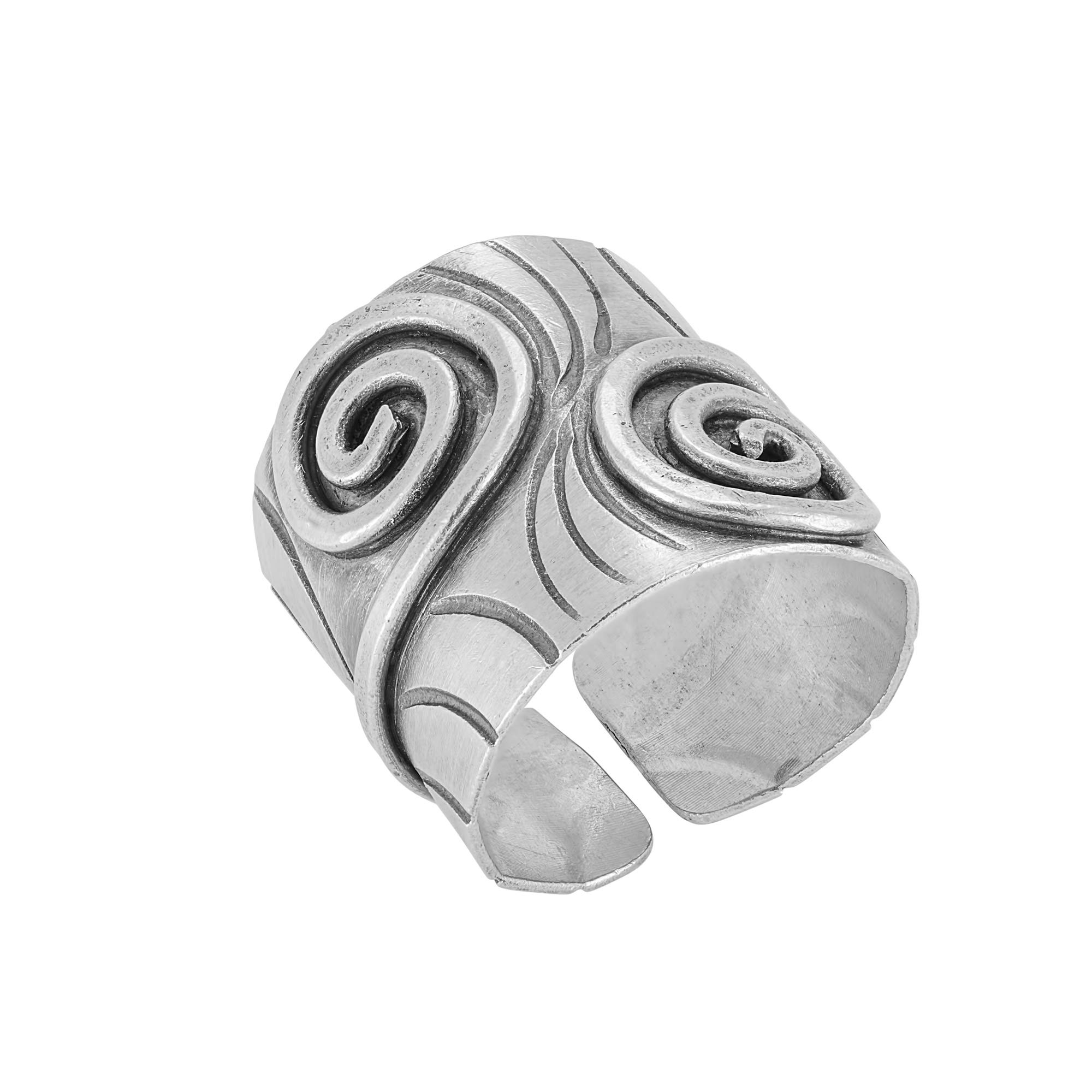 81stgeneration Hill Tribe Anello con Applicazione a Spirale in Argento con Trama a Foglia Incisa | Fascia Larga Regolabile in Argento Puro 999 | Gioielli Artigianali Tribali da Donna