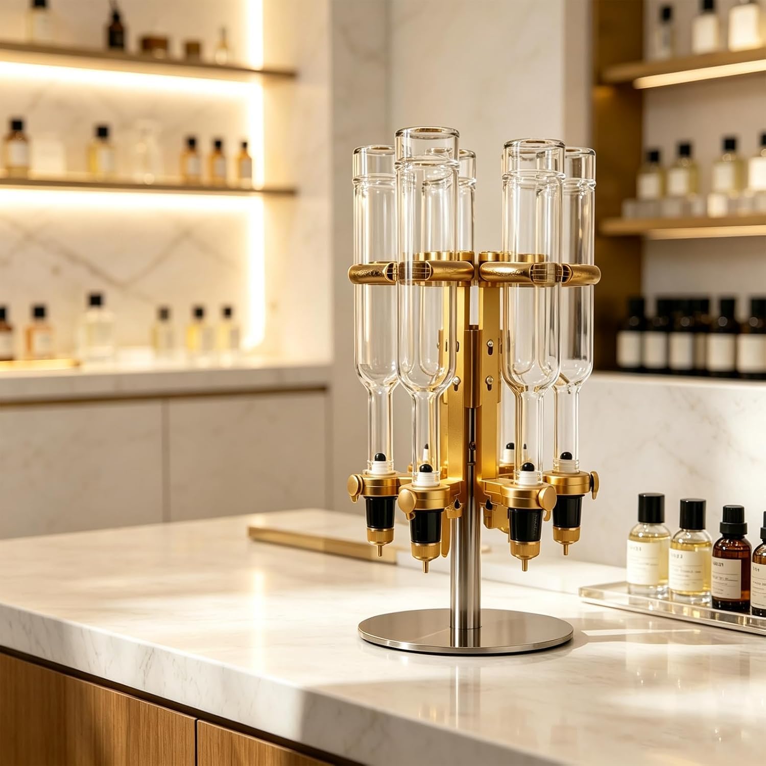 Stazione di Erogazione di Profumo Liquido, Riempitrice di Liquido da Tavolo per Profumo, con 6 Bottiglie (500 Ml), Teste della Pompa Regolabili, Pompa di Ricarica Manuale del Profumo, Rack per