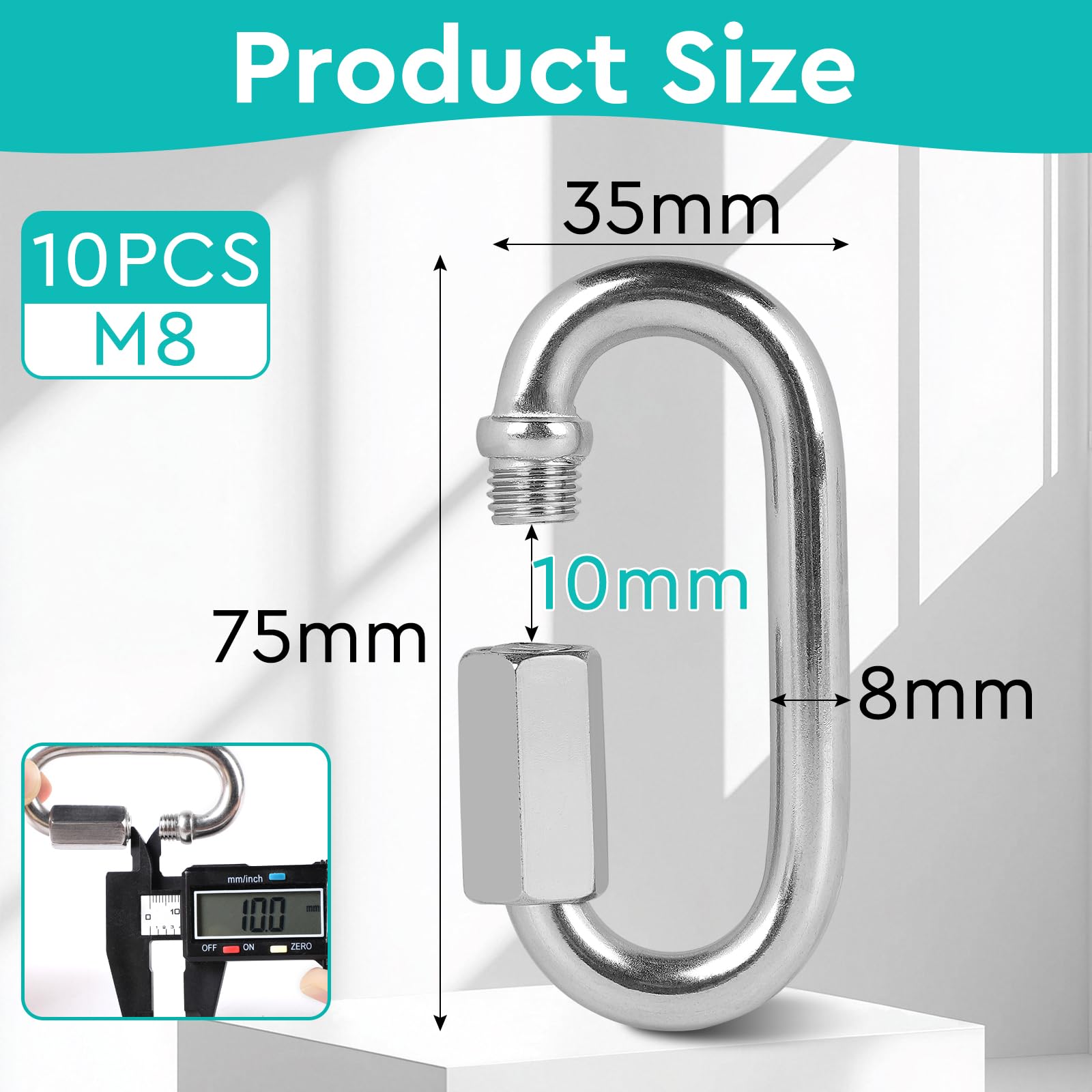 EFUTURETIME 10 x Moschettoni a Vite M8 in Acciaio Inox 304, Moschettoni di Sicurezza con Capacità di Carico di 691 kg