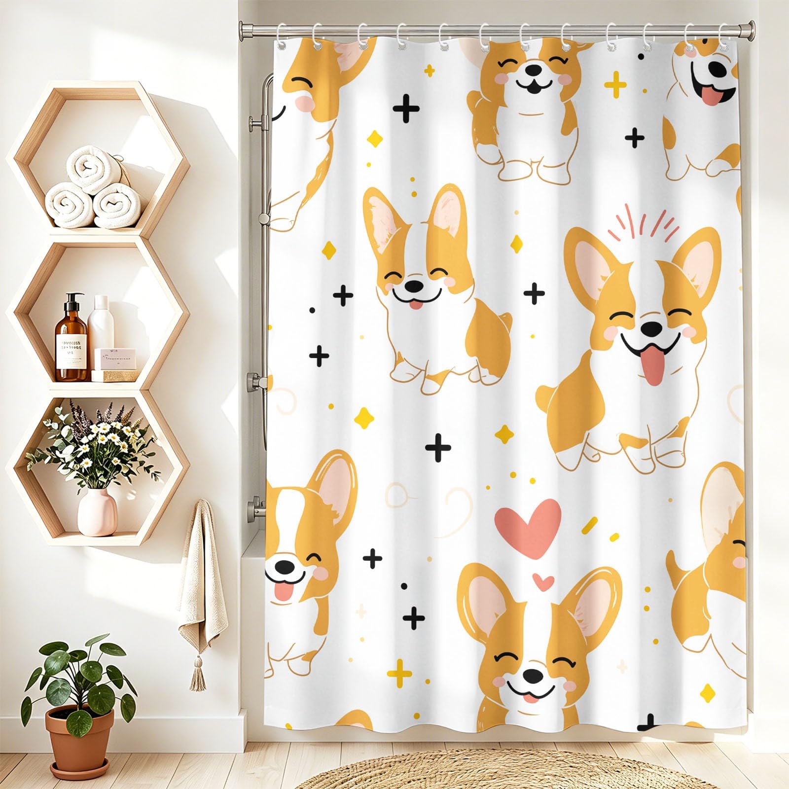Urocza zasłona prysznicowa dla zwierząt domowych, 120 x 200 cm, kreskówkowe Corgi, serce, zasłony do wanny, biała, wodoodporna, odporna na pleśń, zasłony łazienkowe do dekoracji łazienki, z haczykami