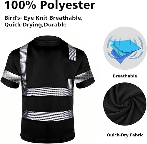 Miniatura 4 de VENDACE Camisas de seguridad para hombre, paquete de 3 camisetas de trabajo de manga corta reflectantes de alta visibilidad, color negro (negro, L)