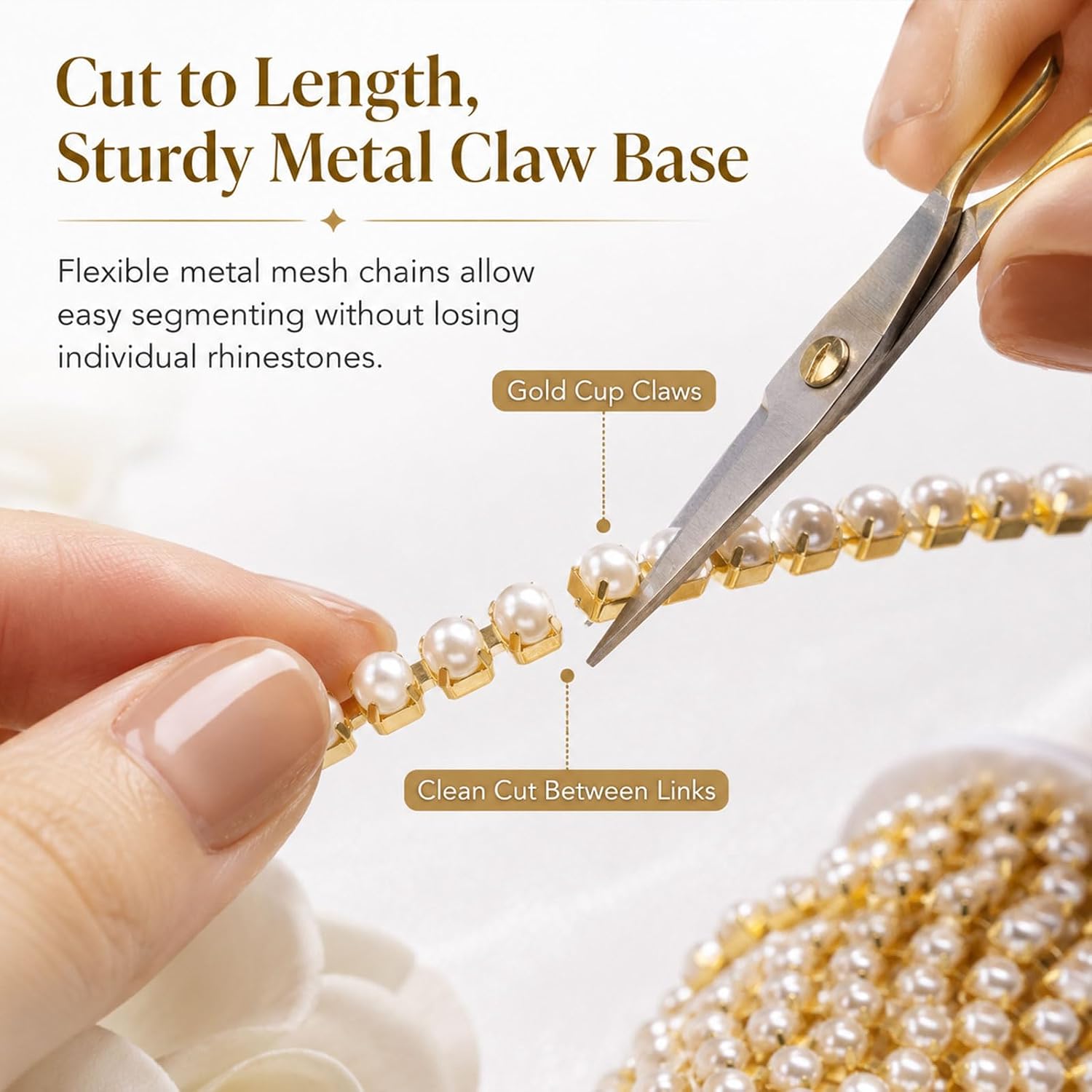 10 Yards Gold Pearl Trim Close Chain 3mm Beaded Cup Chain