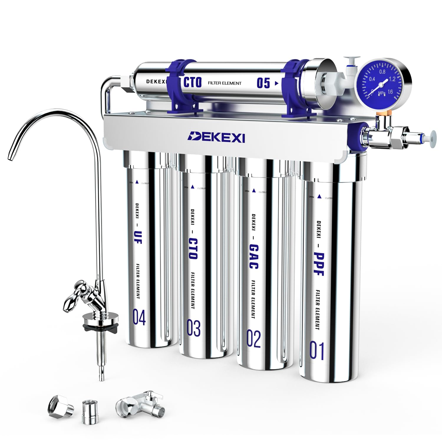 0.01?m Ultra-Filtration Under Sink Water Filter with Faucet, Stainless Steel, 5X Service Life,Remove 99.99% of Cont?minants Larger Than 0.01?m,2 Mounting Options (5 Filter Included)