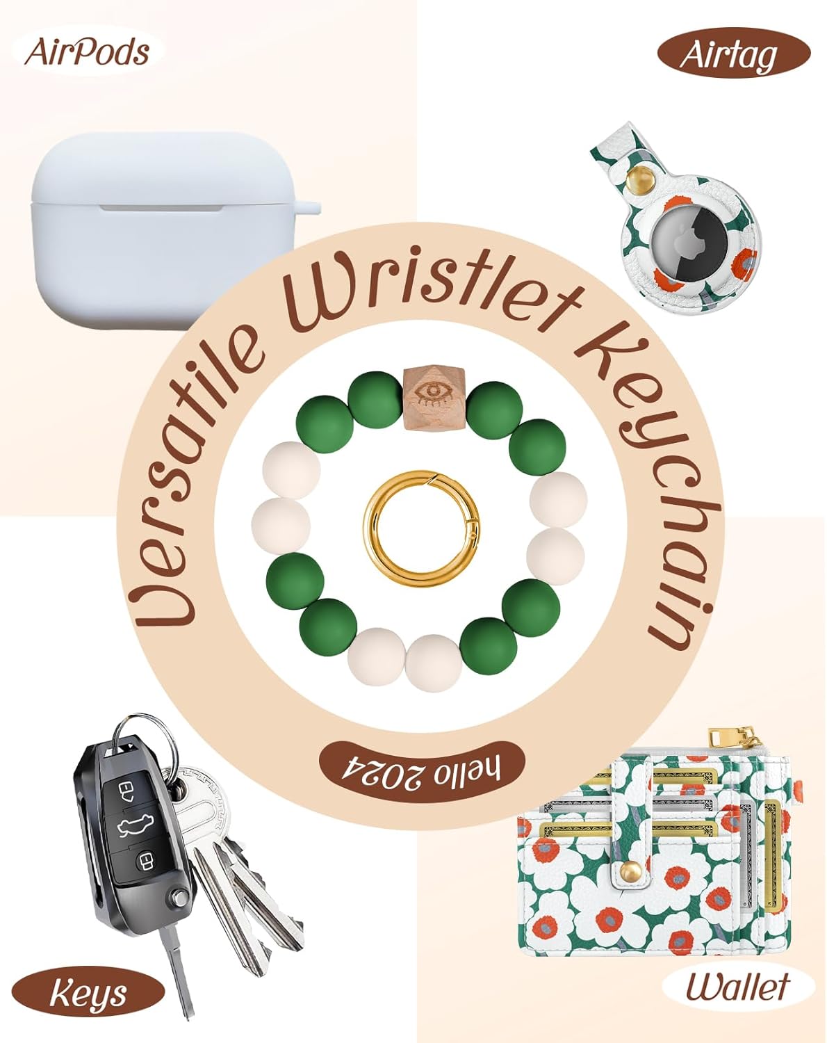 Wallet Keychain Wristlet for Women with AirTag Holder - Cute Design Credit Card Holder Wallets Key Chain Ring Slim Small RFID Air Tag Coin Pocket Purse for Ladies Teen Girls,Green Flower - Image 5