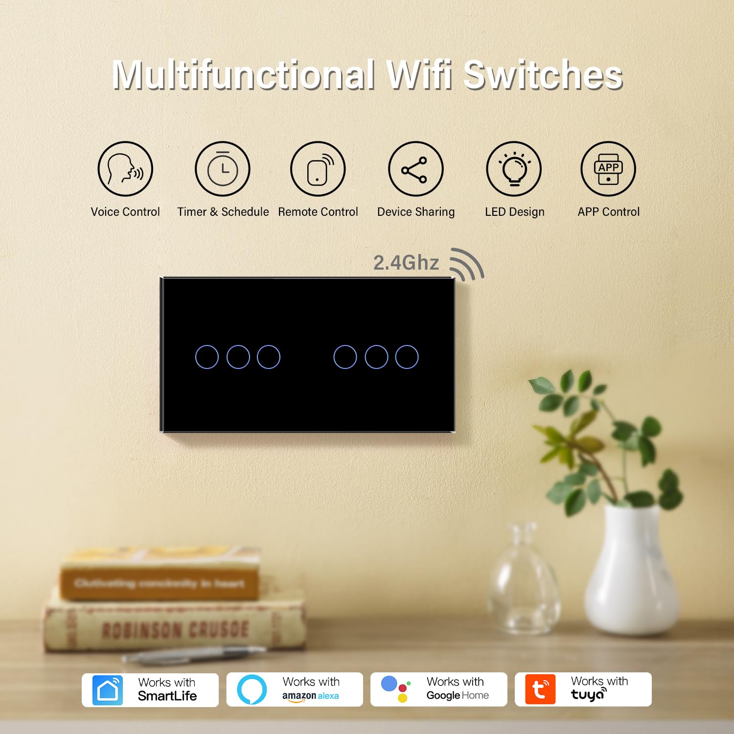 BSEED Smart Alexa, interruttore della luce da parete, 157 mm, doppio singolo, live WiFi, interruttore neutro, non necessario, 3 vie, vetro compatibile Tuya, nero