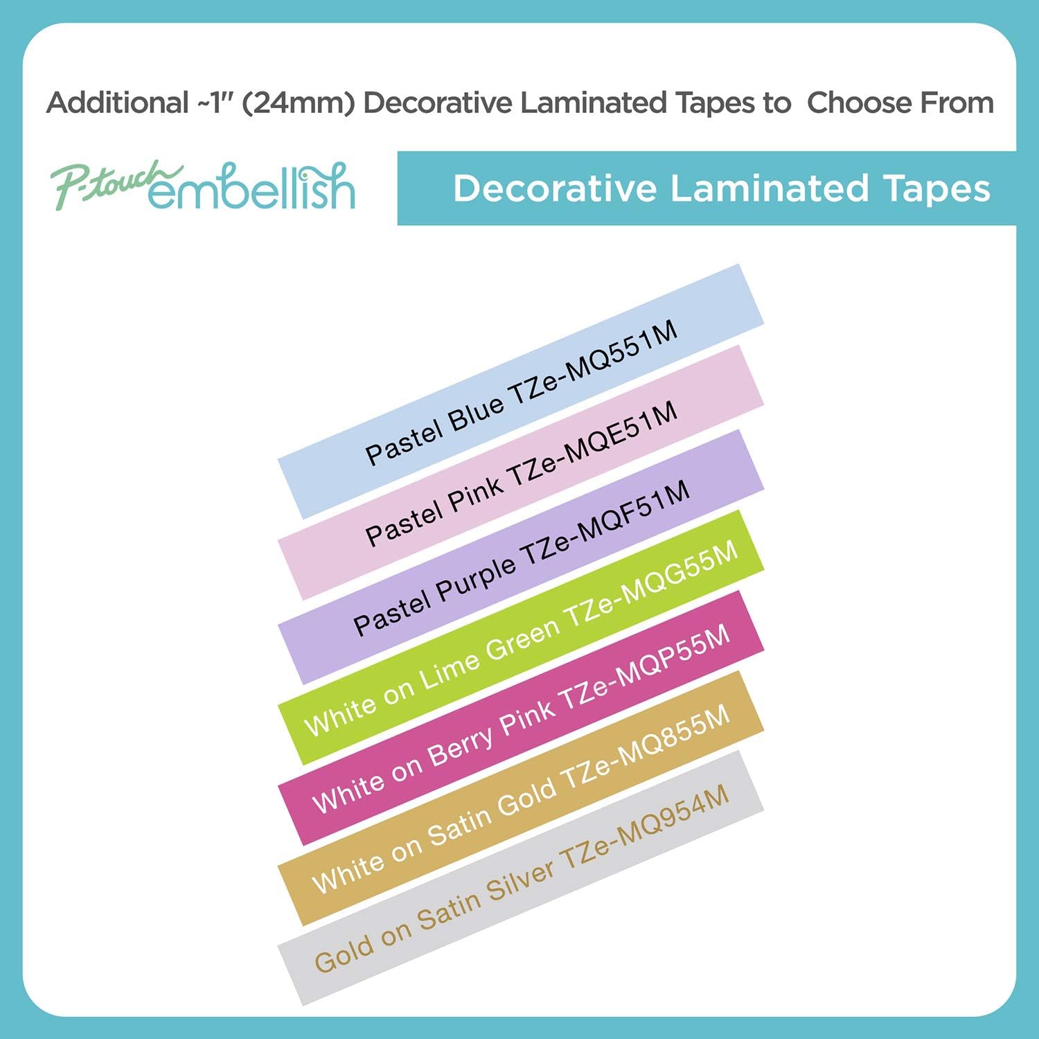 Brother P-Touch Embellish Black Print on Pastel Blue Tape TZE-MQ551M - ~1" Wide x 13.1’ Long (24mm x 4m), TZEMQ551M (Pack of 2)