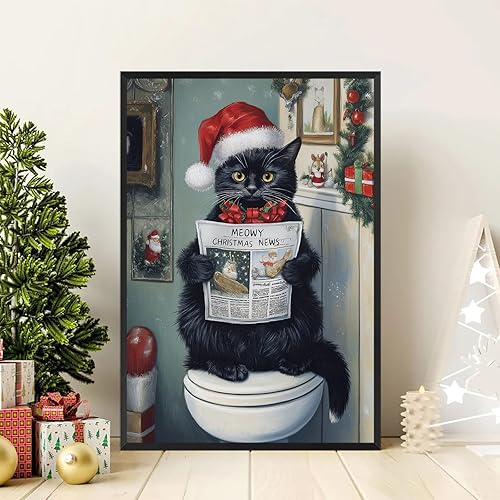 Miniatura 5 de Pósteres retro de lona de gato de Navidad para baño, divertidos gatos negros, lectura de periódicos, arte de pared, decoración de pared de Navidad