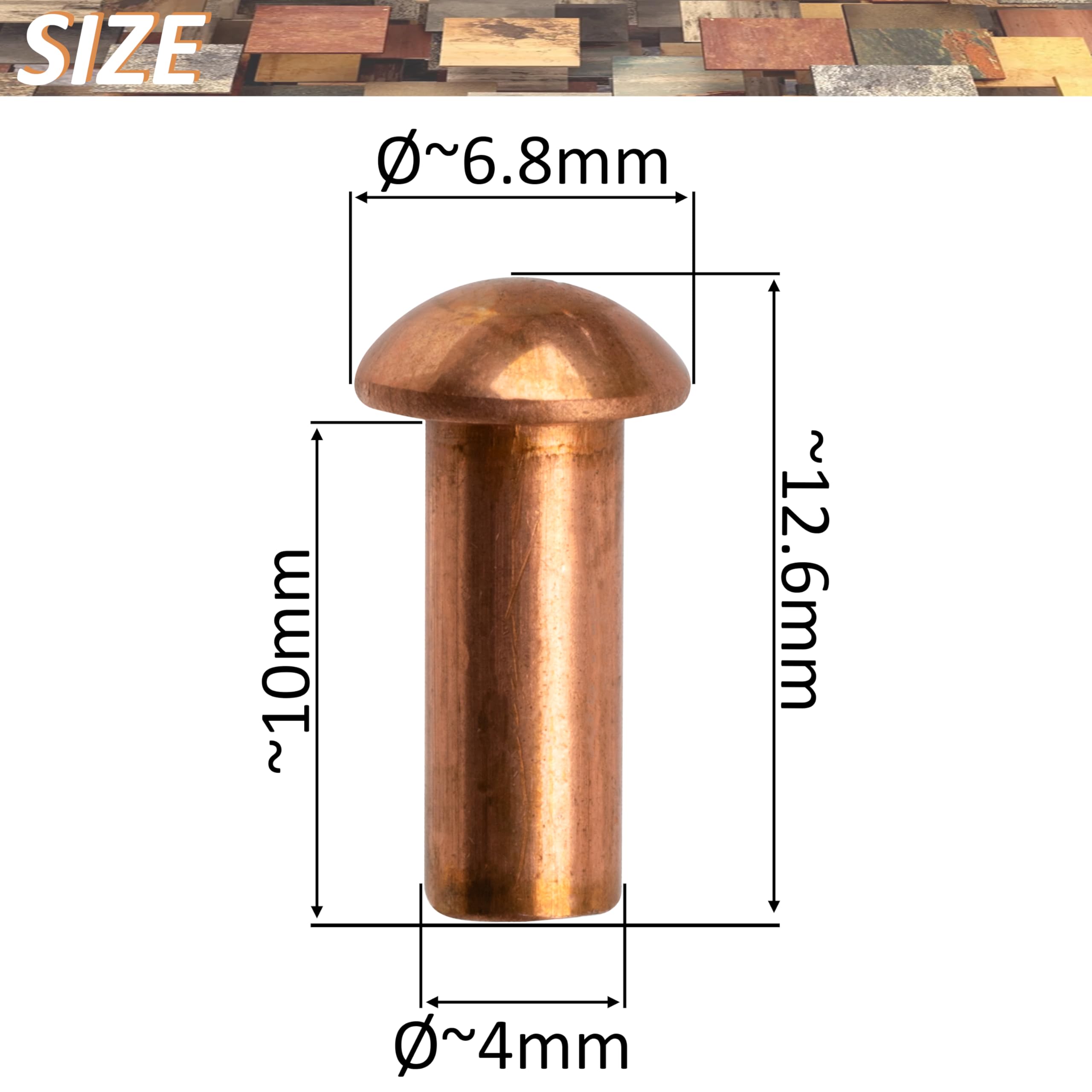 AERZETIX Set di 12 rivetti pieni in rame Ø4x10 mm/testa semitonda