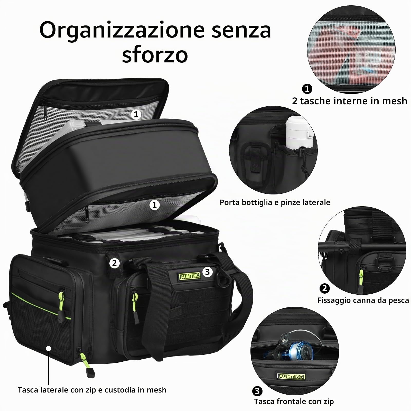 AUMTISC Borsa da pesca espandibile impermeabile grande capacità, borse scatola da pesca accessori
