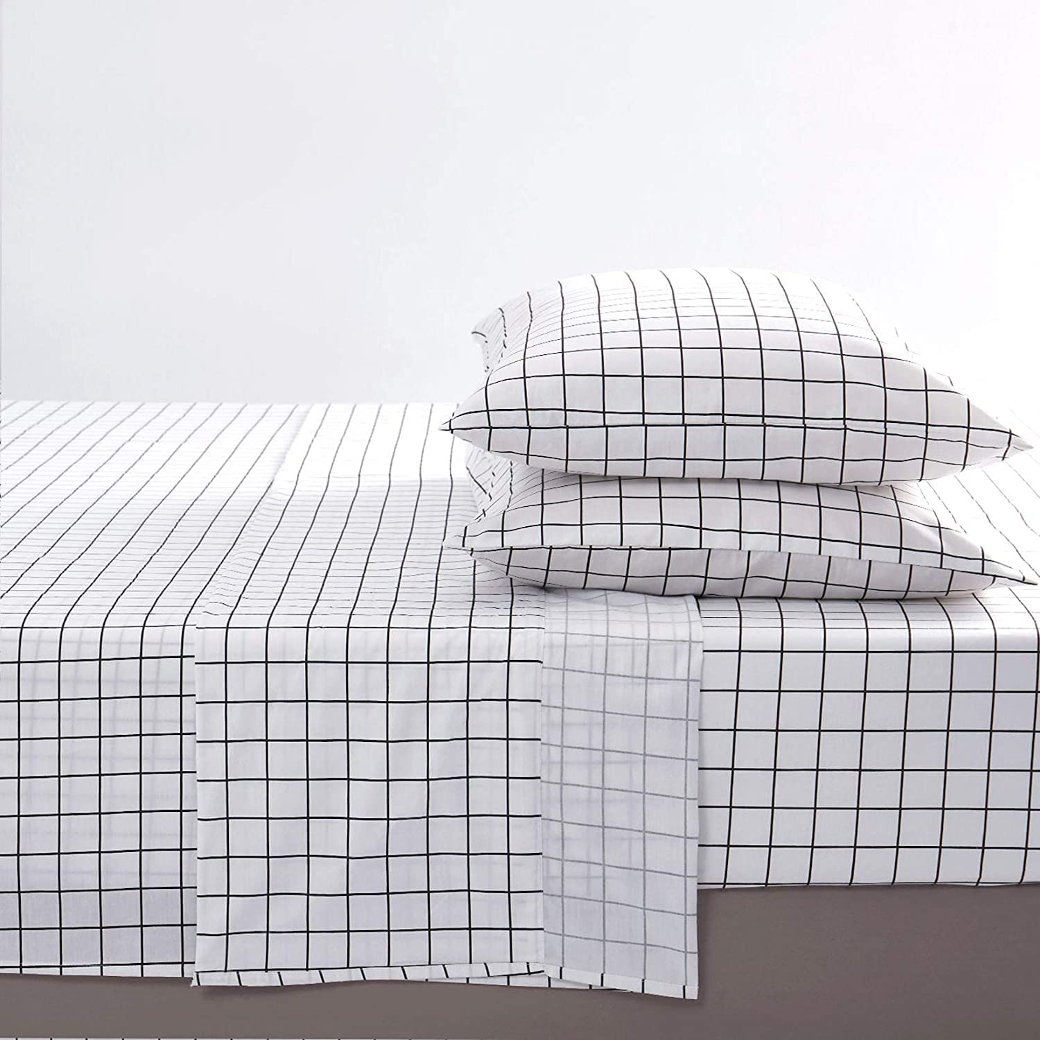 Lanqinglv Prześcieradło z gumką 180 x 200 cm do 25-30 cm wysokości materaca prześcieradło czarne białe w kratkę, wzór karo mikrofibra dżersej łóżko kontynentalne prześcieradło z gumką