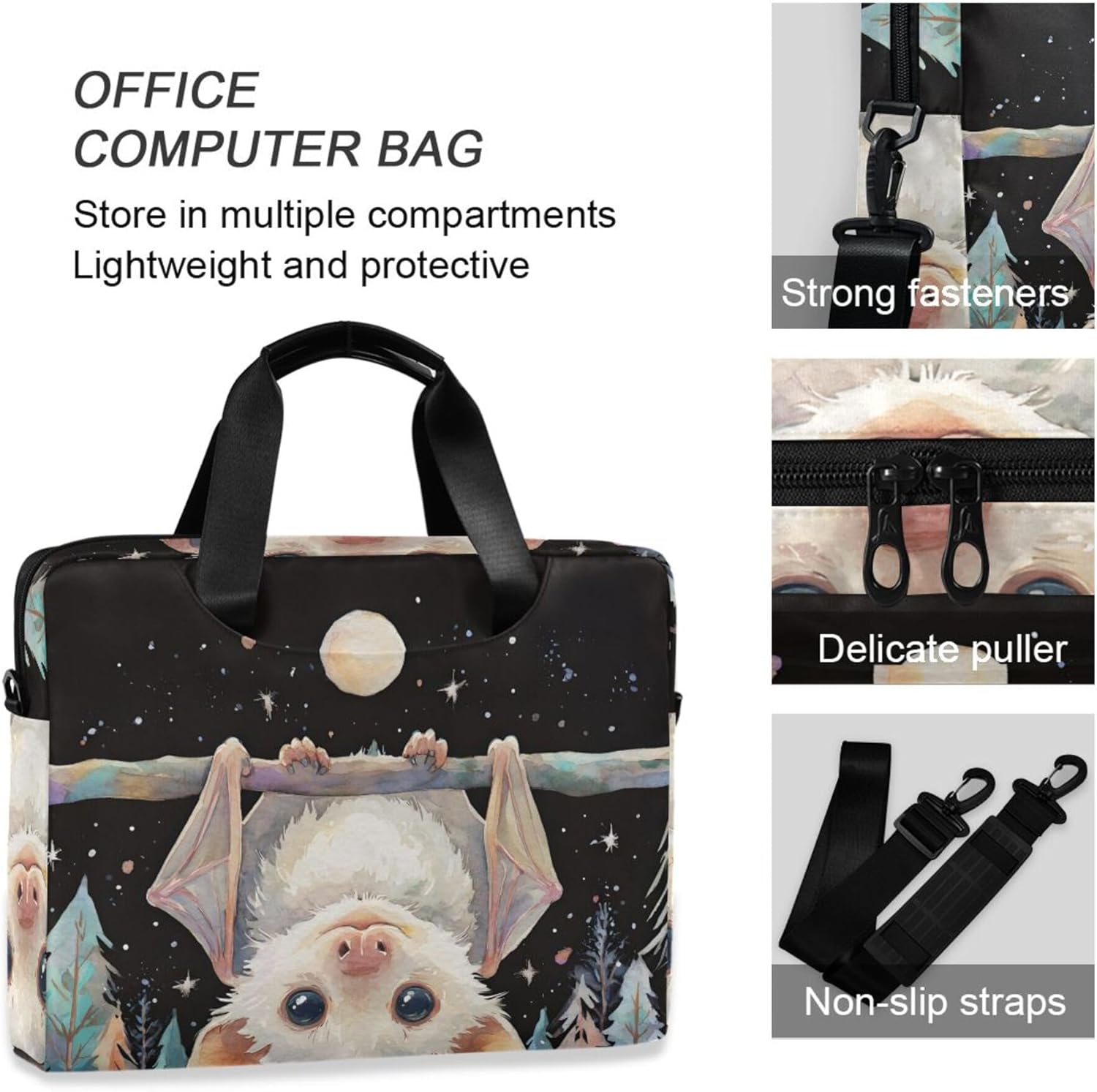 ALAZA Cute Bat Halloween Laptop Case Bag Sleeve Portable Crossbody Messenger Briefcase w/Strap Handle, 13 14 15.6 inch