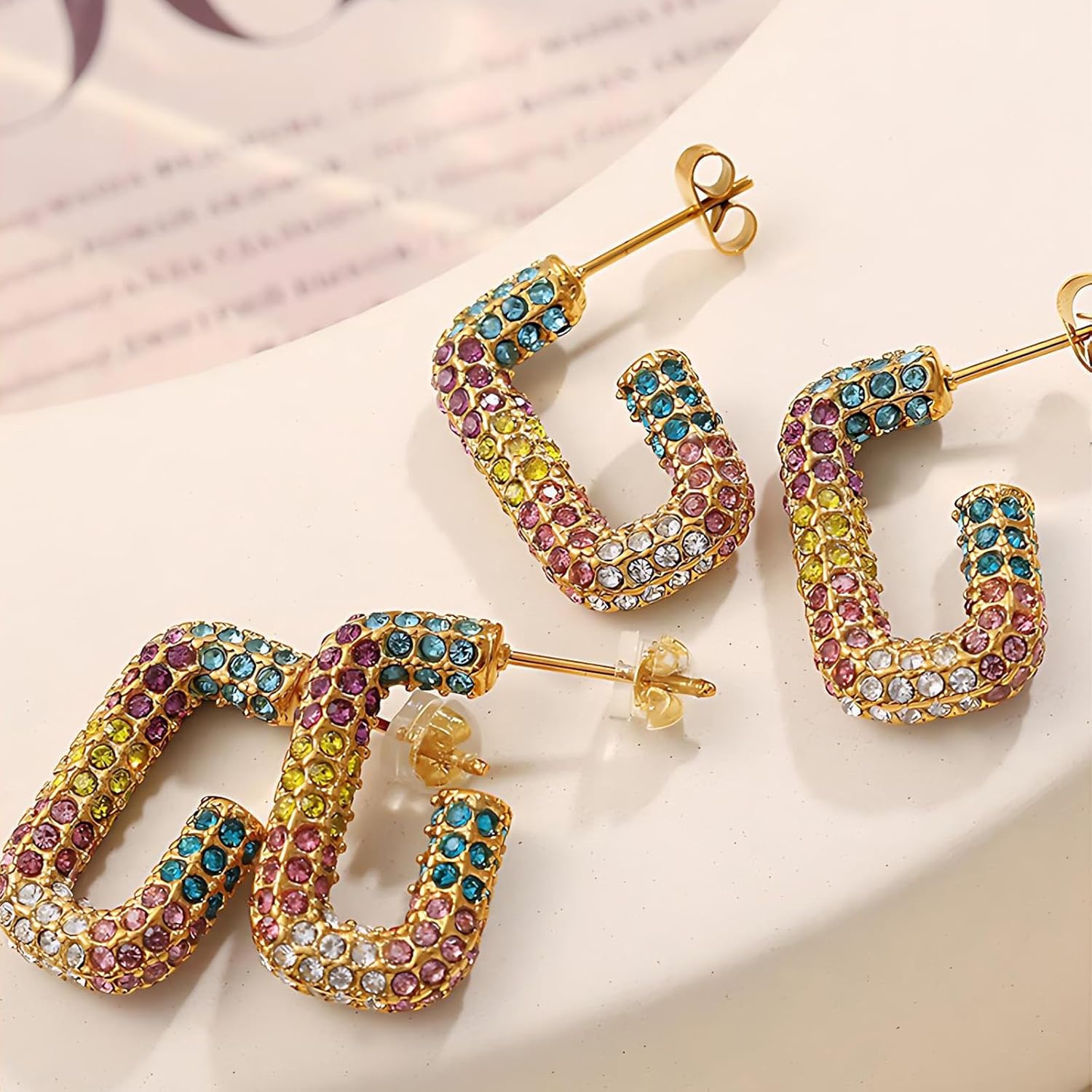 Colorful Crystal C Hoop Earrings for Women – Gold Plated Geometric Stud Earrings with Multicolor Cubic Zirconia – Statement Jewelry Gift
