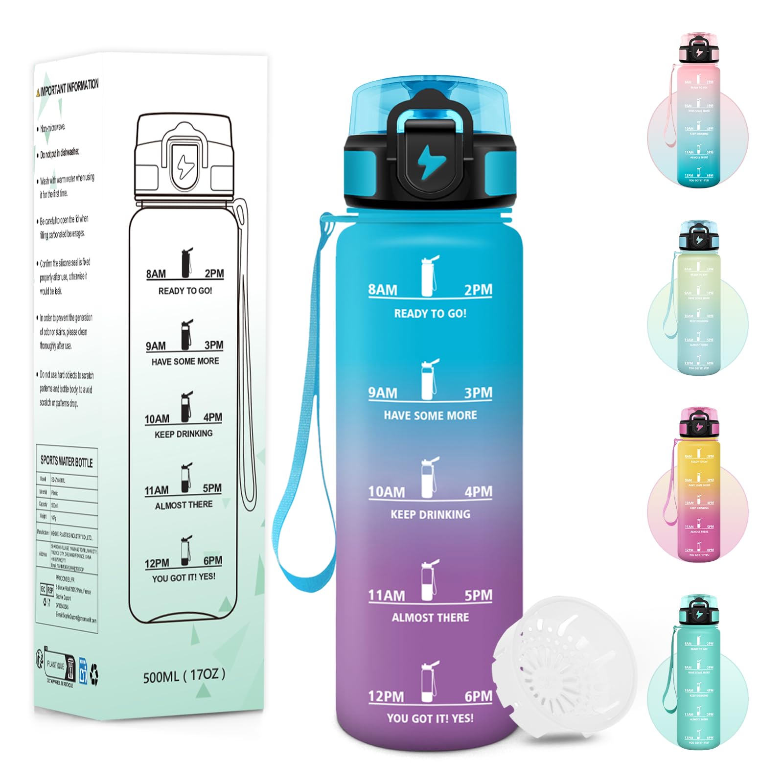 Baramumu Botella Agua, 500 ml Libre de BPA, Botella Agua Niños, Diseño de Cerradura a Prueba de Fugas, cantimplora, Con Marca de Tiempo, Cantimplora Infantil para Escuela, Deportes - Azul&morado