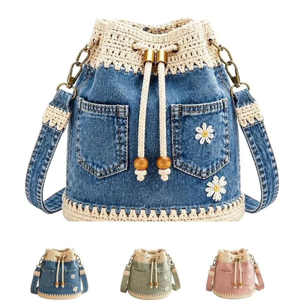 Denim Crochet Bucket Bag, Daisy Drawstring Crossbody Purse (niebieska)