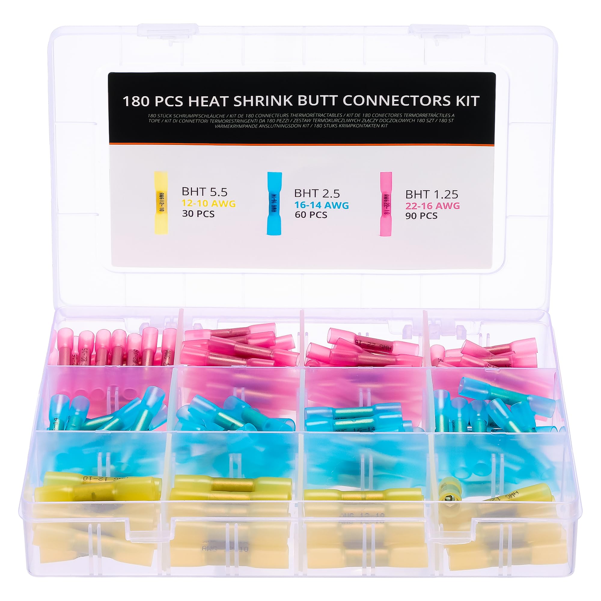 180 PCS Heat Shrink Butt Connectors Kit - Marine Grade Wire Butt Splice Connectors - Electrical, Waterproof - 22-10 AWG