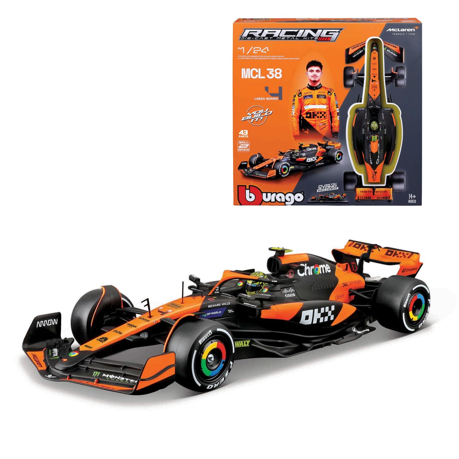 Bburago Build-It-Yourself Die-Cast Formula 1 F1 Model Kit - Mclaren MCL38 - Norriss - 1:24 Scale - Exceptionally Detailed Collectable Replica Race Car, Multiple Colours