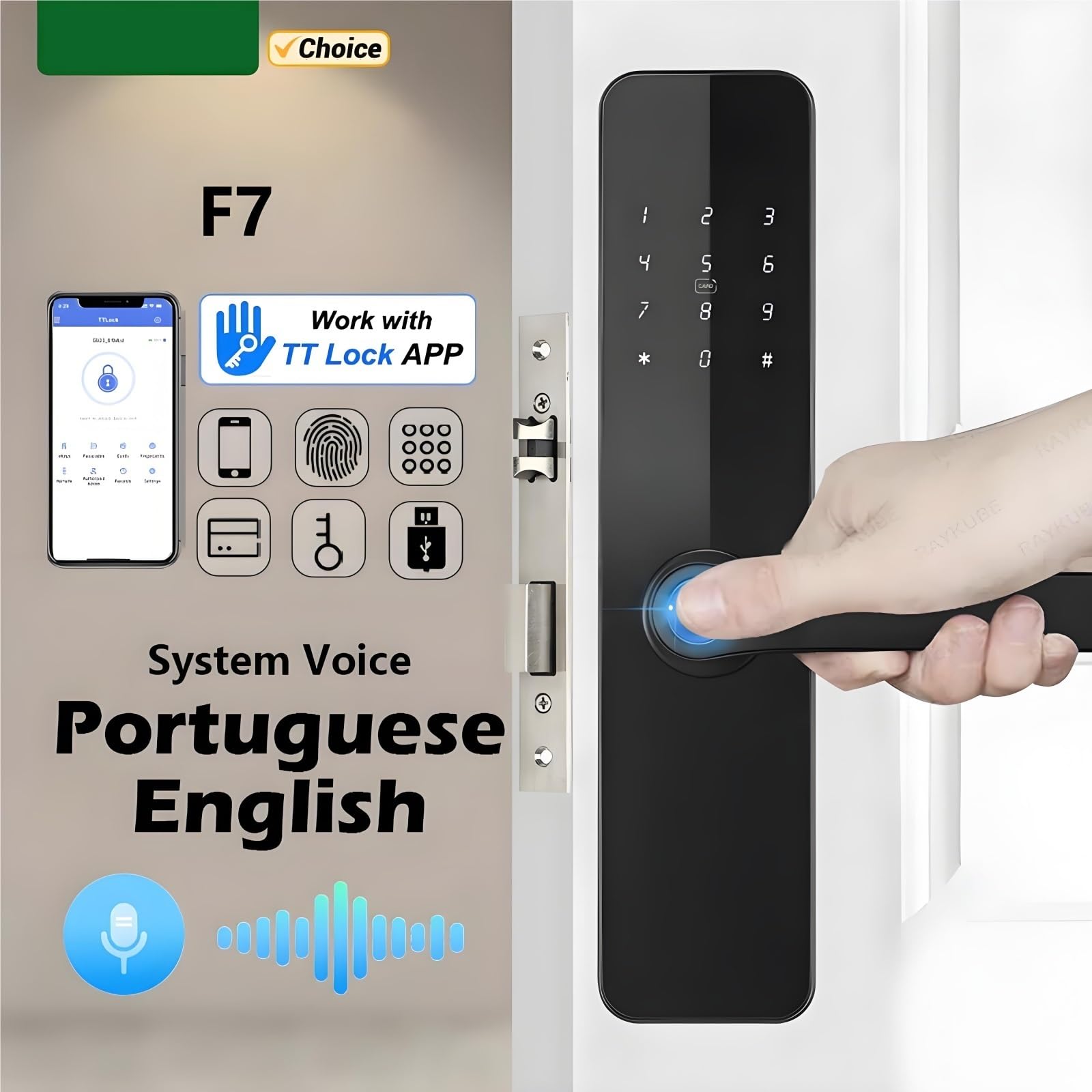 Serrure à Empreinte Digitale F7-TT — Compatible RAYKUBE F7 & TT Lock App · 5 Modes d’Ouverture (empreinte/app/code/carte/clé) · Pour pêne 22×160 mm · Portes 28–55 mm