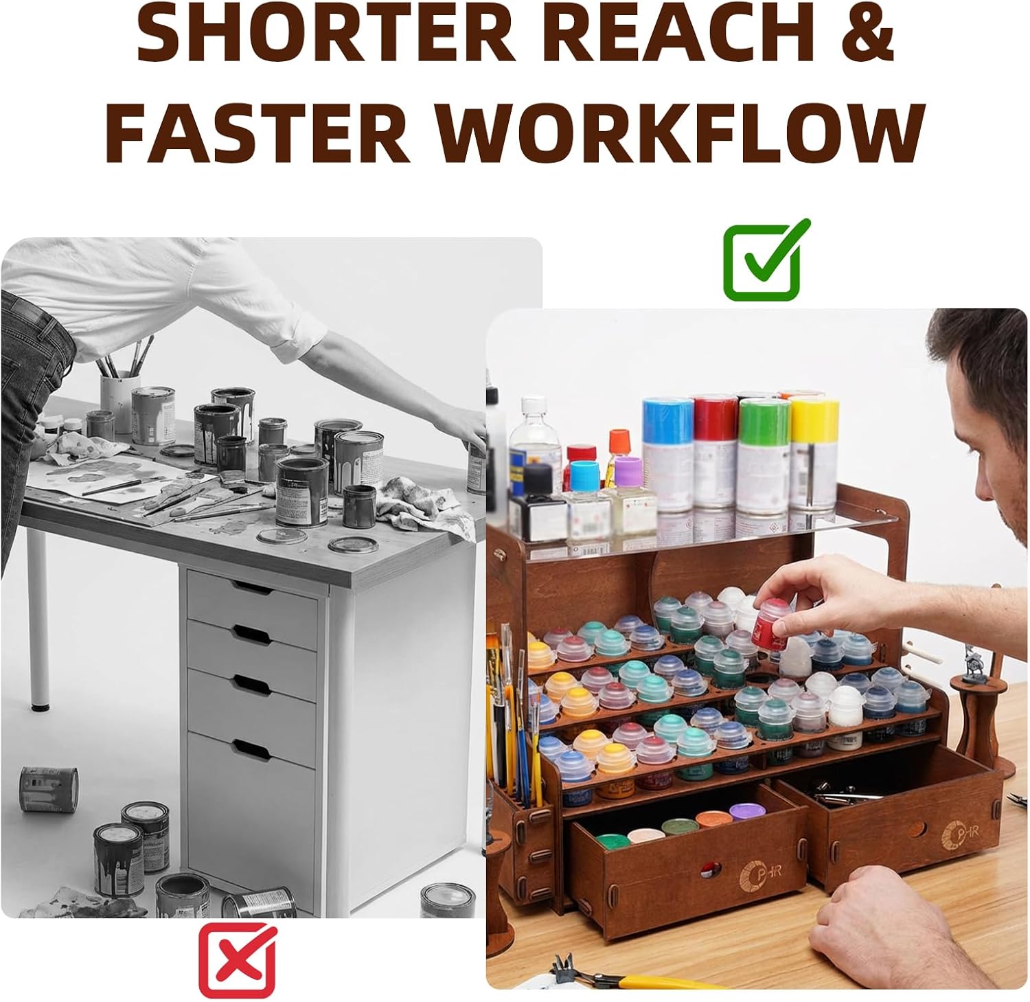 OPHIR Paint Rack for 60 Bottles and 32 Brushes, Wooden Acrylic Paint Organizer with 2 Brush Holder, 2 Miniature Painting Handles, 2 Drawers for Model Paints Bottle Organizer, Holes Dia.1.42 Inches