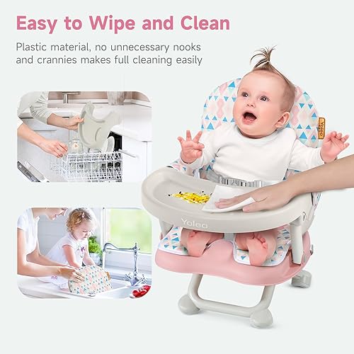 Miniatura 7 de YOLEO Silla alta para bebé, asiento elevador para mesa de comedor, altura ajustable, sillas altas plegables con bandeja