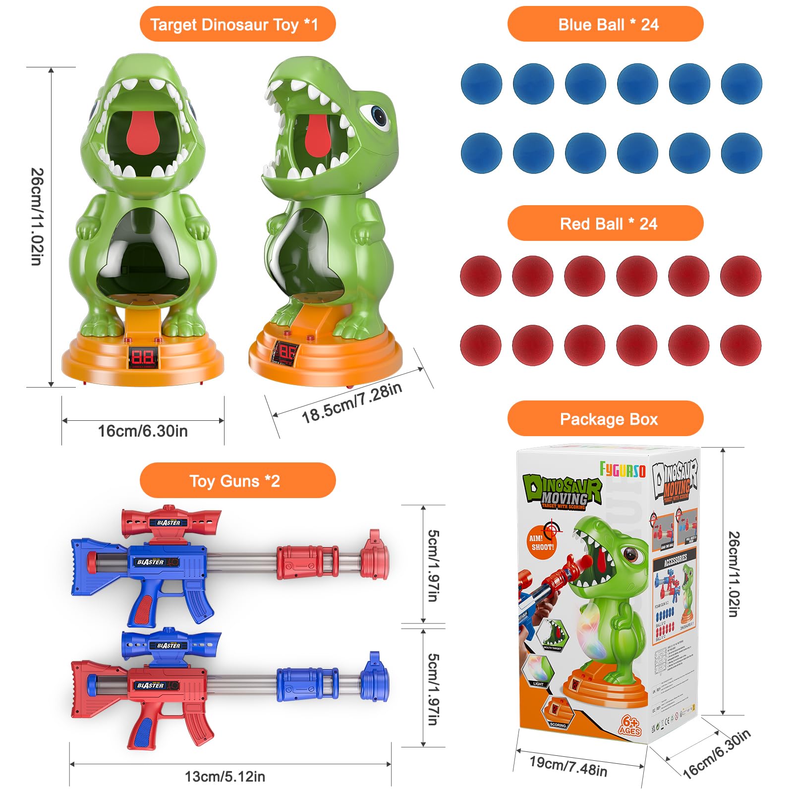 fygurso Jouet de tir de Dinosaure Mobile avec 2 Pistolets à Pompe à air, Jeux de tir à la Cible avec Score LED, lumière et Son, 24 balles en Mousse pour 3+, Cadeau de Jeux pour garçon