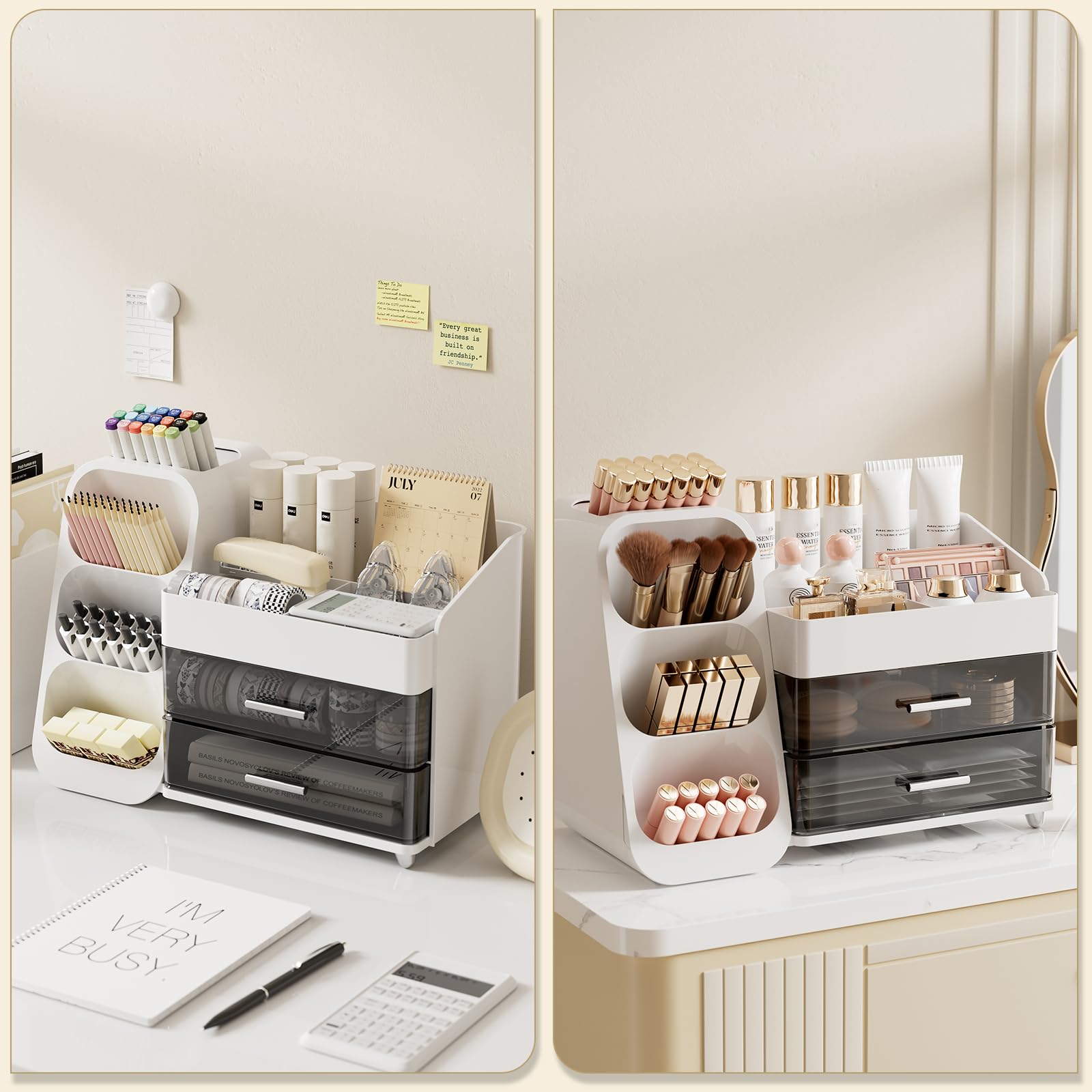 FoiiLiio Make Up Organizer per Cosmetici, Organizer per trucchi Grande Organizer per Trucco con 2 Cassetti per Comò, Bagno, Camera da Letto (Bianco)