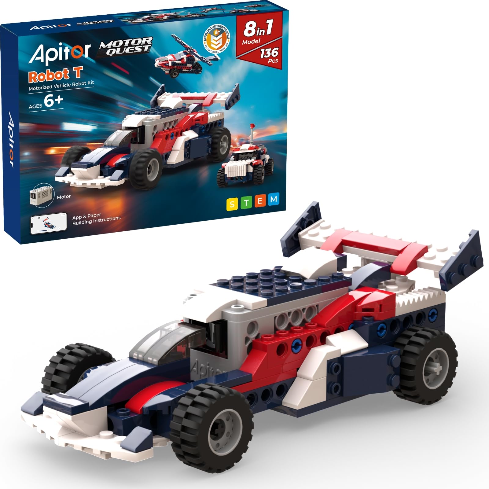 Apitor Robot T 136 PCS STEM Building Toys for Kids Age 6-12, 8-in-1 Electric Motorized Building Kit, Build Race Car, Airplane
