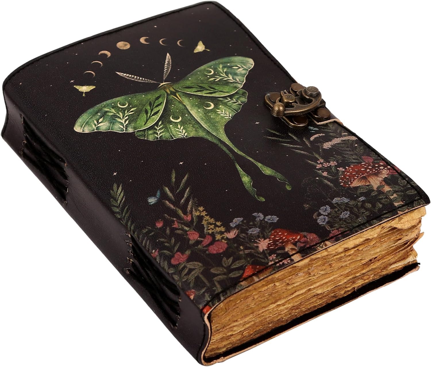Blank Spell Book of Shadows Journal with Lock Clasp Vintage Handmade Leather Luna Moths and Morpho Butterfly Print Diary Prayer Pagan Witchcraft Supplies Wiccan Decor Notebook Daily (10x7 Inch)