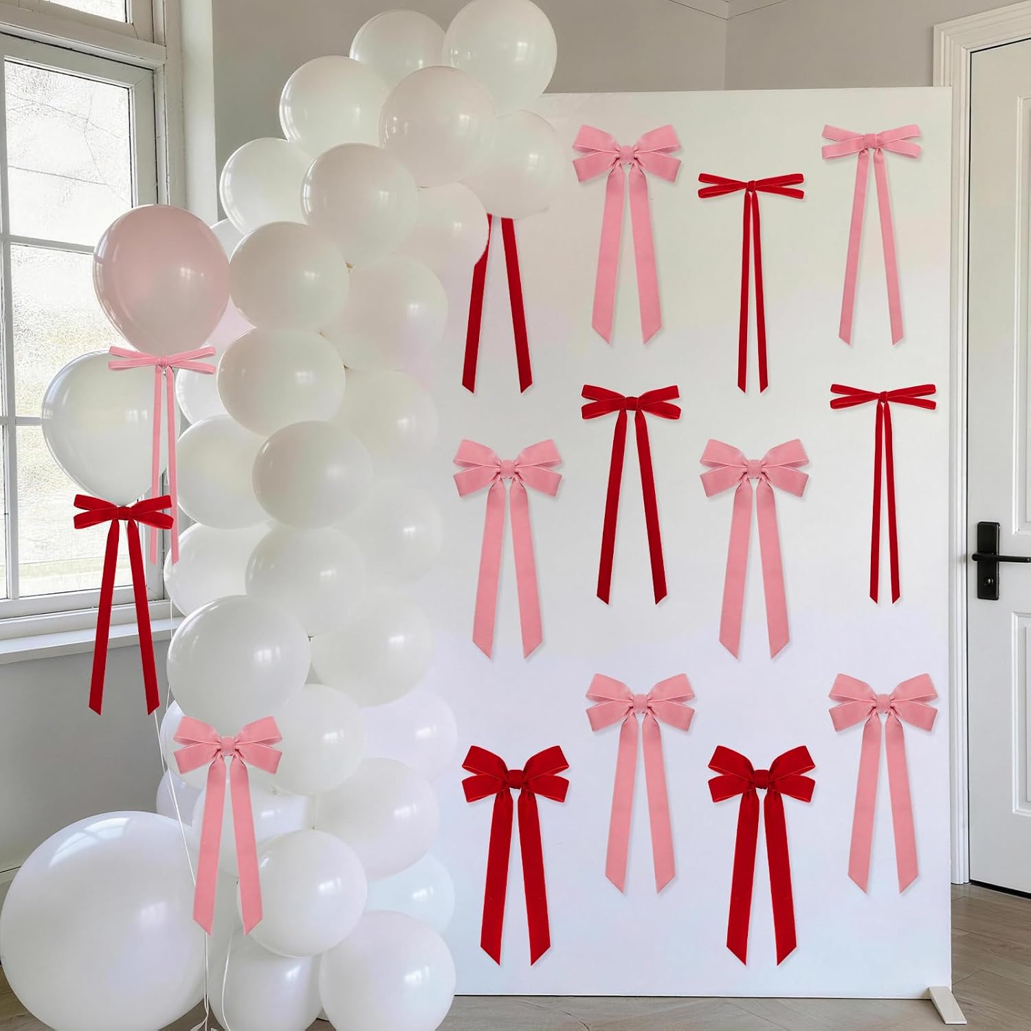 24 Pcs Pink & Red Vintage Velvet Bows Ornaments, 5x10 Inch Luxury 3-Sizes for Baby Bridal Shower Birthday Christmas Tree Valentine's Day, Reusable Coquette Room Wall Backdrop Photo Decoration