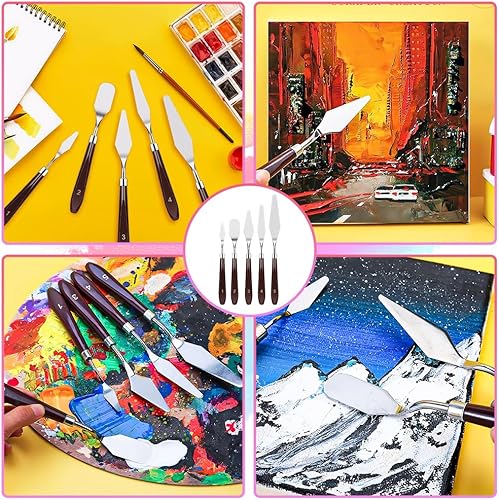 Miniatura 6 de Juego de cuchillos de paleta, 5 cuchillos de paleta de pintura de acero inoxidable con 6 raspadores de pintura de plástico, pintura al óleo,