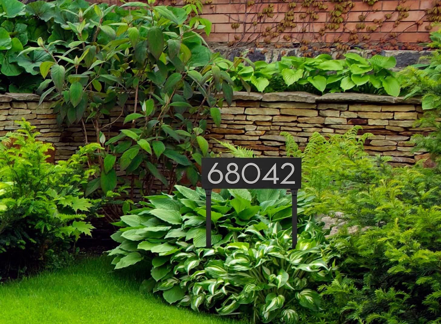 Montague Metal Products Floating Modern 4‘’ Number Horizontal Address Plaque with lawn stakes-Assembled-Address Sign-House numbers sign-Aluminum-Easy to Install-Horizontal-Lawn-5 Digit