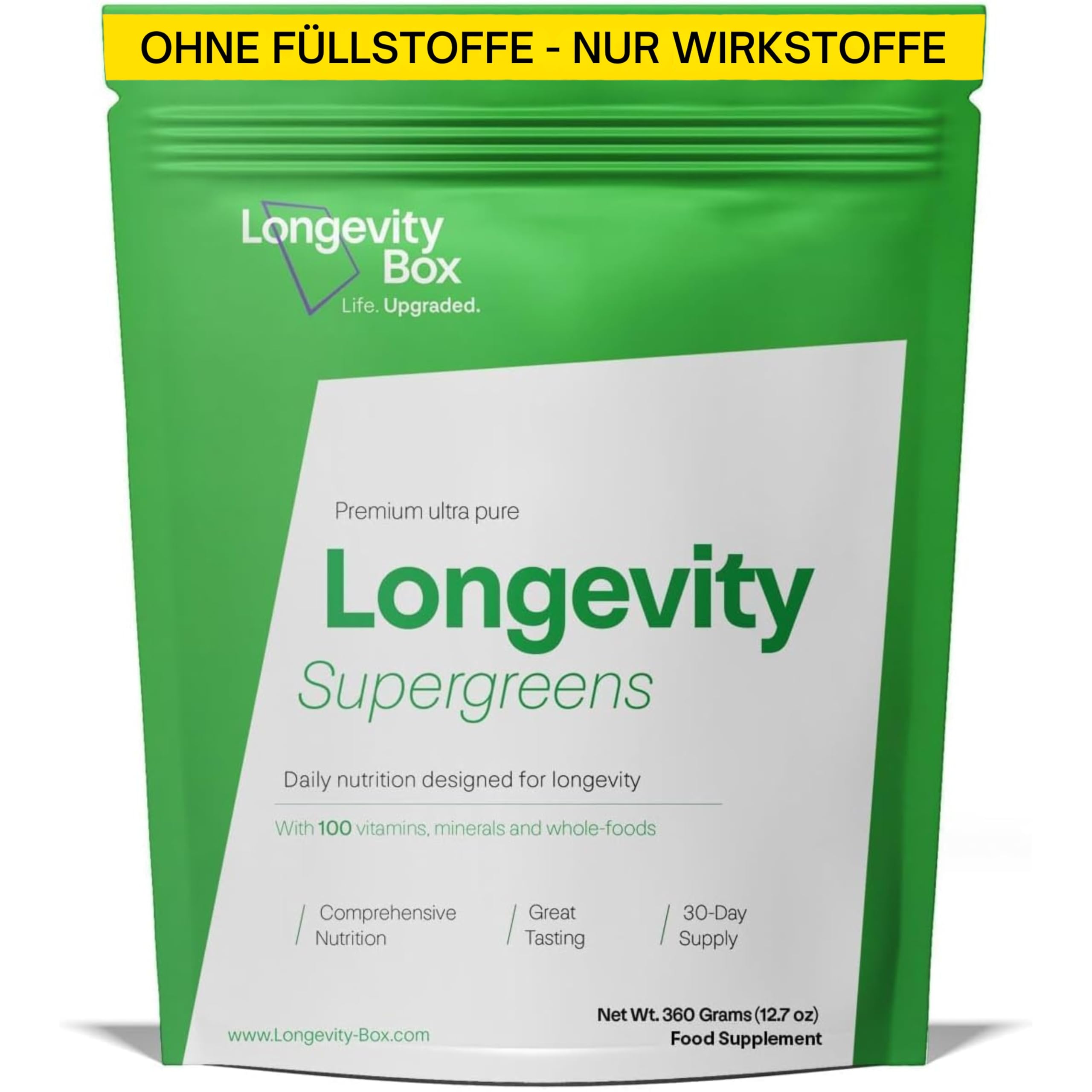 Ultimatives Super-Grünpulver mit 100 Zutaten | 300 g 30 Portionen Superfood-Pulver | Langlebigkeitsbox | Vitamin- und mineralstoffreiche Formel | Vegan und vegetarisch