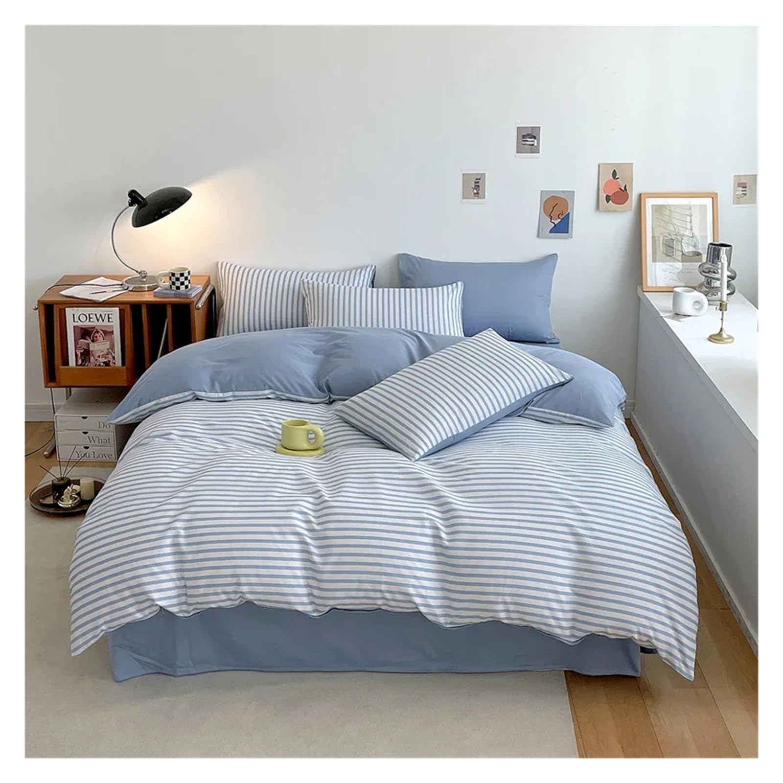 Komplet pościeli, komplet pościeli King, bawełniany Simple Comfort 4-częściowy zestaw, 600s nici, niebieski pasek, 1 prześcieradło, 1 poszwa na kołdrę, dwie poszewki na poduszki (Blu Twin)