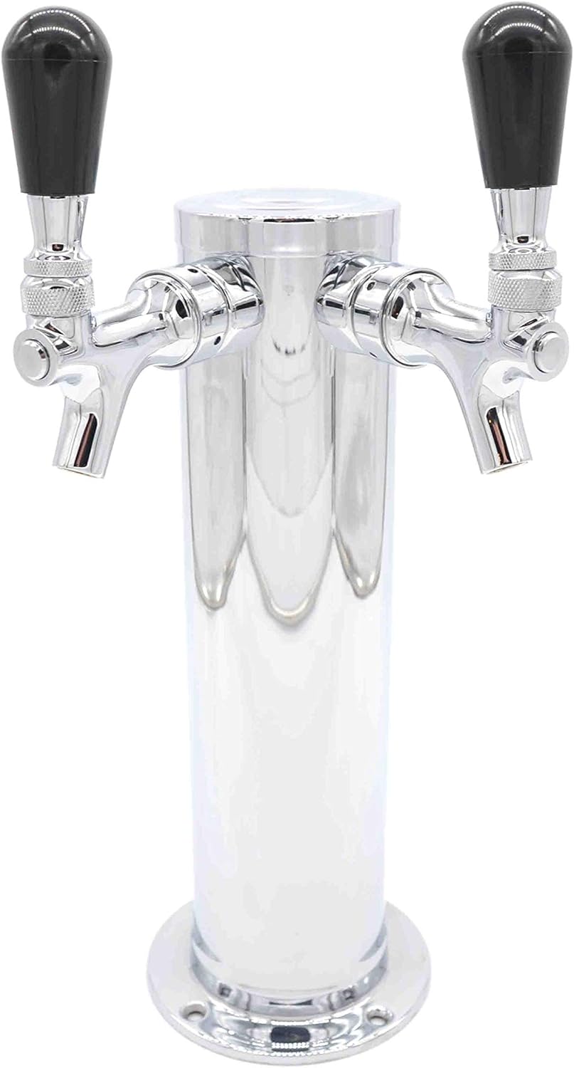 K&B Double Faucet Draft Beer Kegerator Tower 3" - Customizable (1 Nitro Stout Faucet & 1 Chrome Faucet, Standard Black Plastic Tap Handle)