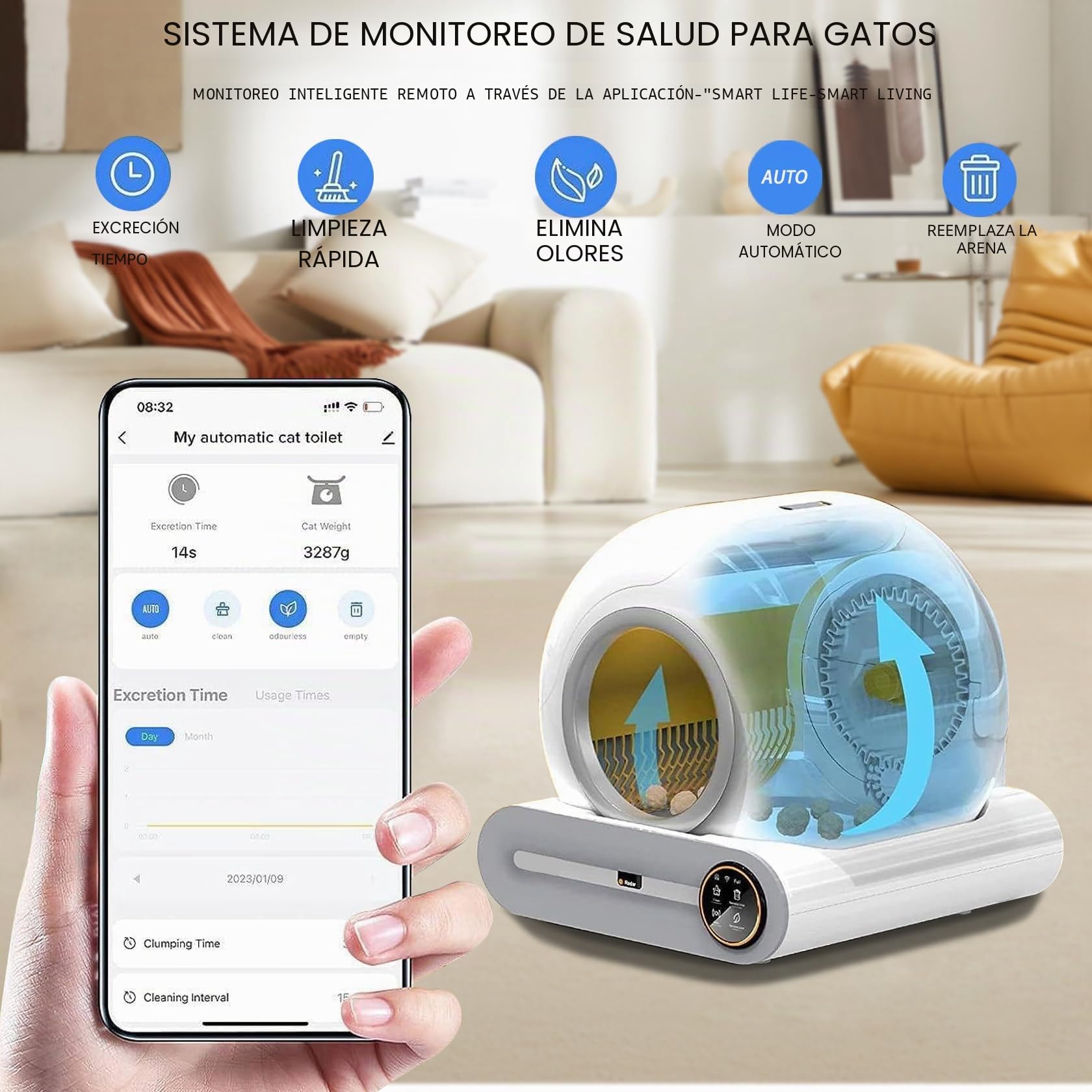 Arenero Gatos Autolimpiable, XXL, Desodorizante | Controlado por Aplicación, Cagadero Autolimpiable Grande, adecuado para Varios Gatos