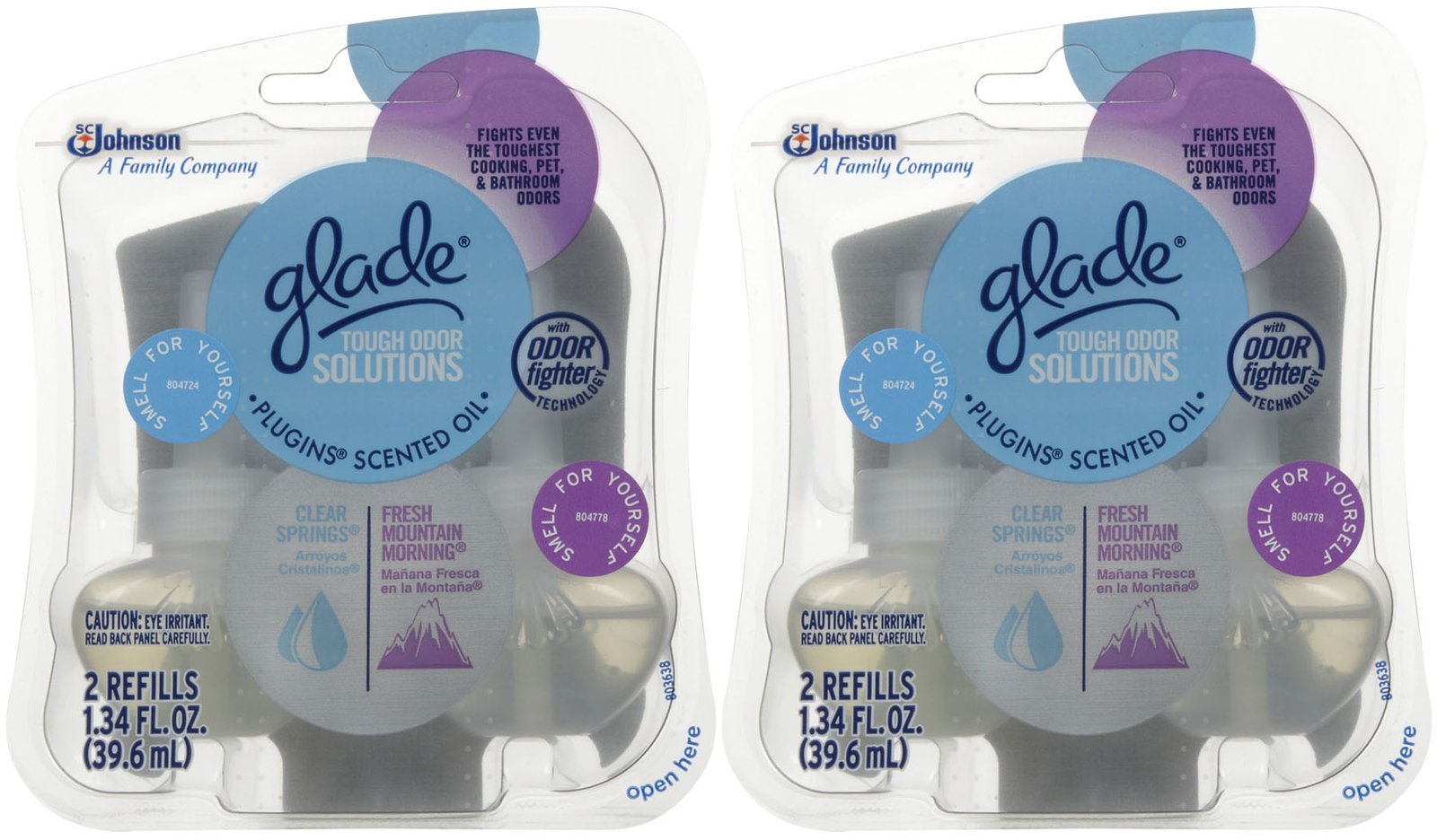 Glade Tough Odor Solutions Plugins Scented Oil Refill - Fresh Mountain Morning/Clear Springs - 2 ct - 2 pk