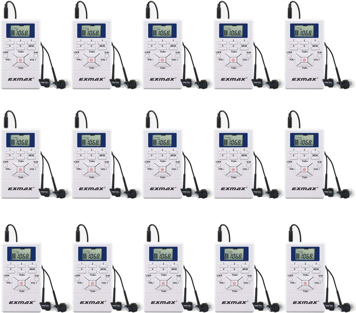 EXMAX E108 Wireless Portable Pocket DSP FM Stereo Radio Digital Receiver with Mini LCD Clock Earphone for Tour Guide System Teaching Meeting - 15 Pack (White)