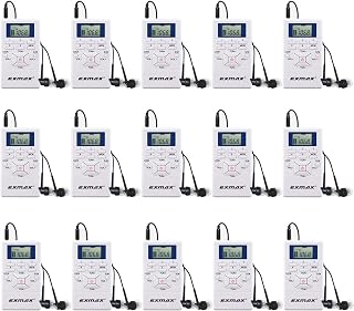 EXMAX E108 Wireless Portable Pocket DSP FM Stereo Radio Digital Receiver with Mini LCD Clock Earphone for Tour Guide System Teaching Meeting - 15 Pack (White)