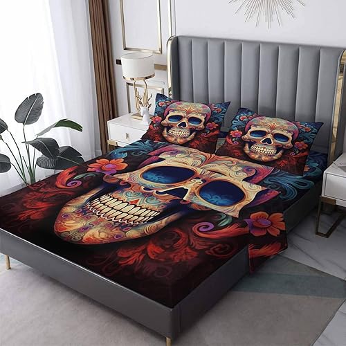 Day of The Dead - Juego de sábanas de tamaño matrimonial, sábanas con patrón de calavera mexicana, sábanas y fundas de almohada de 4 piezas, sábana