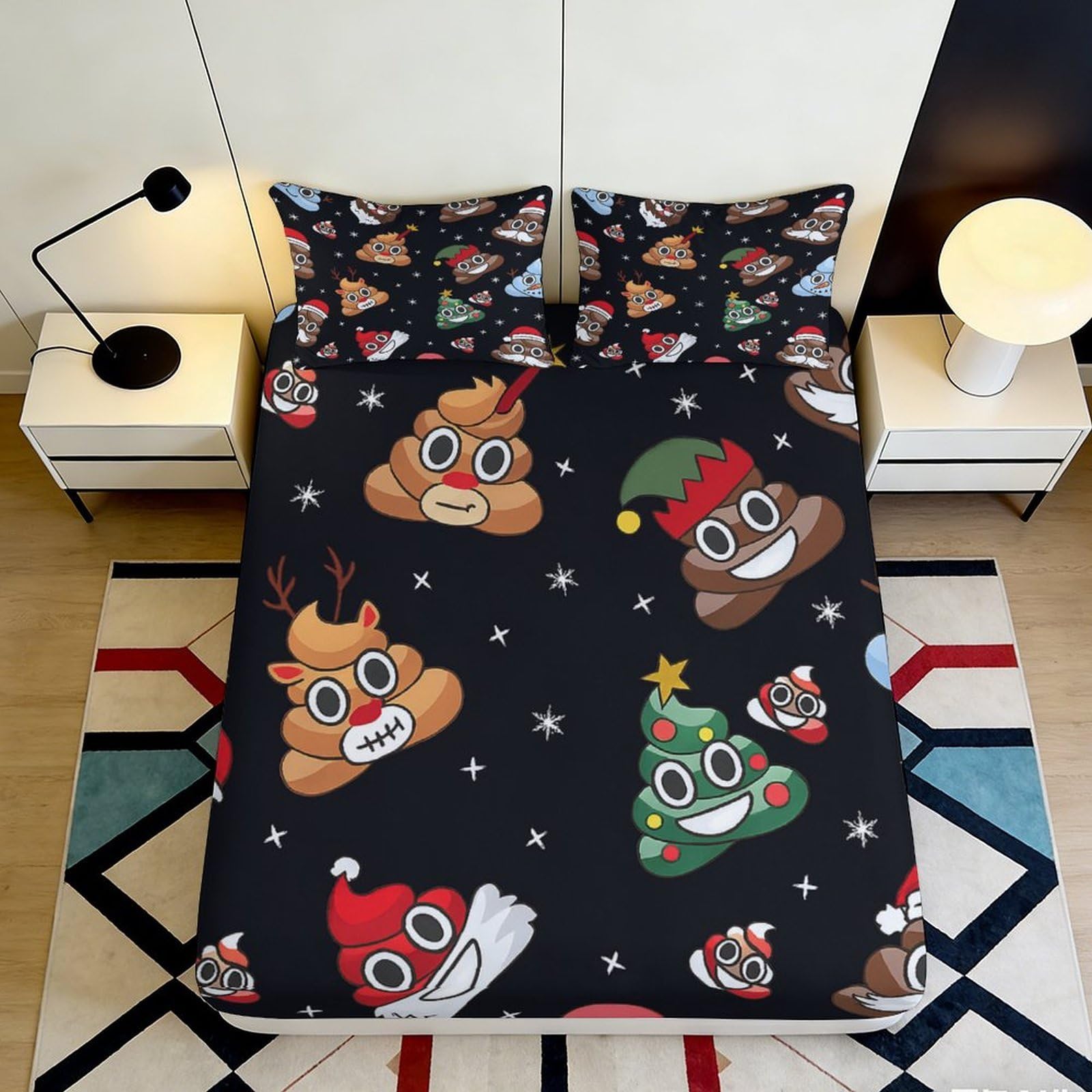 3D Printed Christmas Emoji Fitted Sheet Microfiber Soft Anti-Slip Cartoon Poop Mattress Cover Bedroom Decor Washable 200x200x25cm