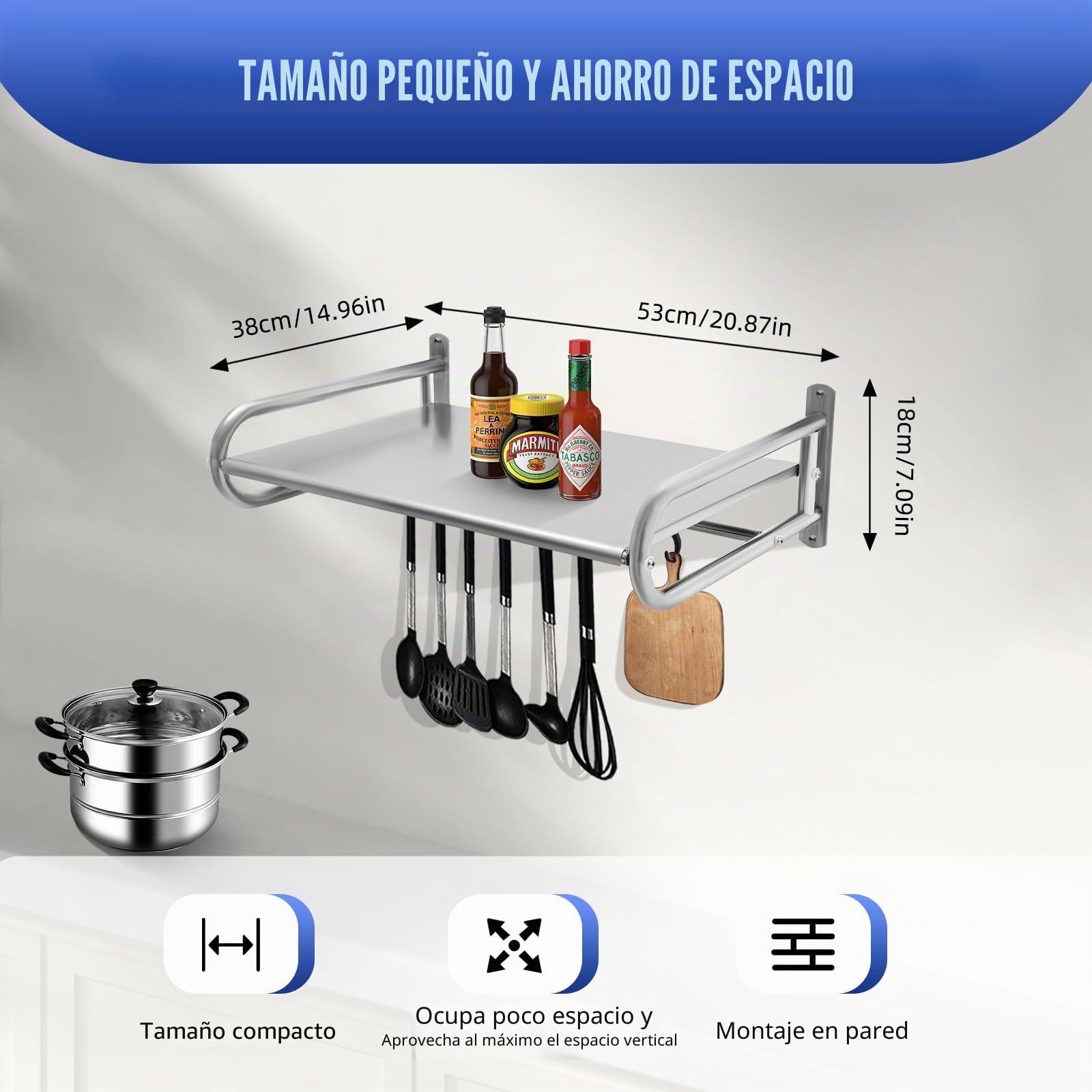 Soporte para microondas de acero inoxidable, soporte de pared para microondas de hasta 30 kg, soporte de pared con 6 ganchos para cocina, salón, balcón, baño