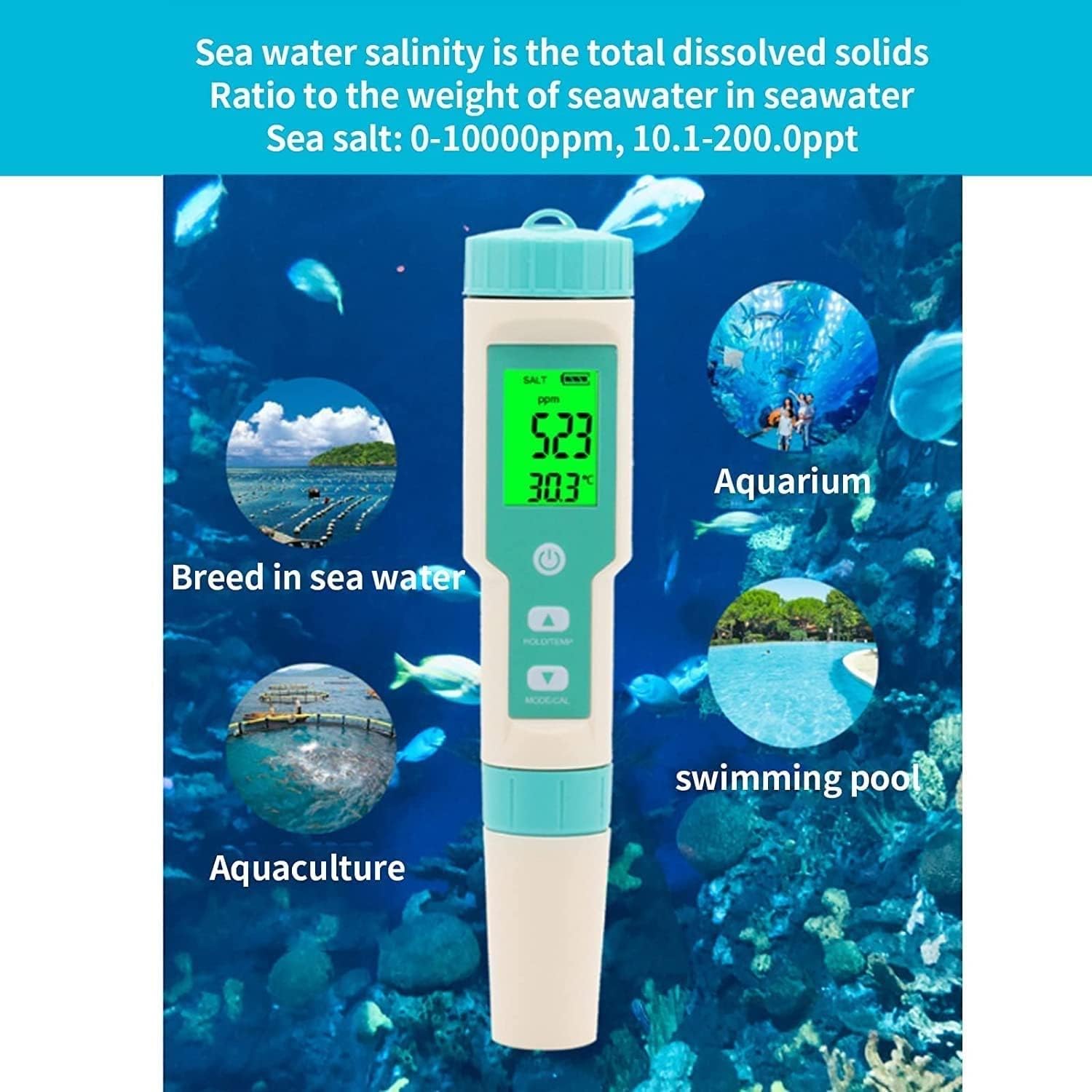 Food Saltiness Measuring Instrument Multifunctional Portable Salinity Meter LCD Backlight Digital Salinity Tester with Detachable Probe for Aquariums Food Processing