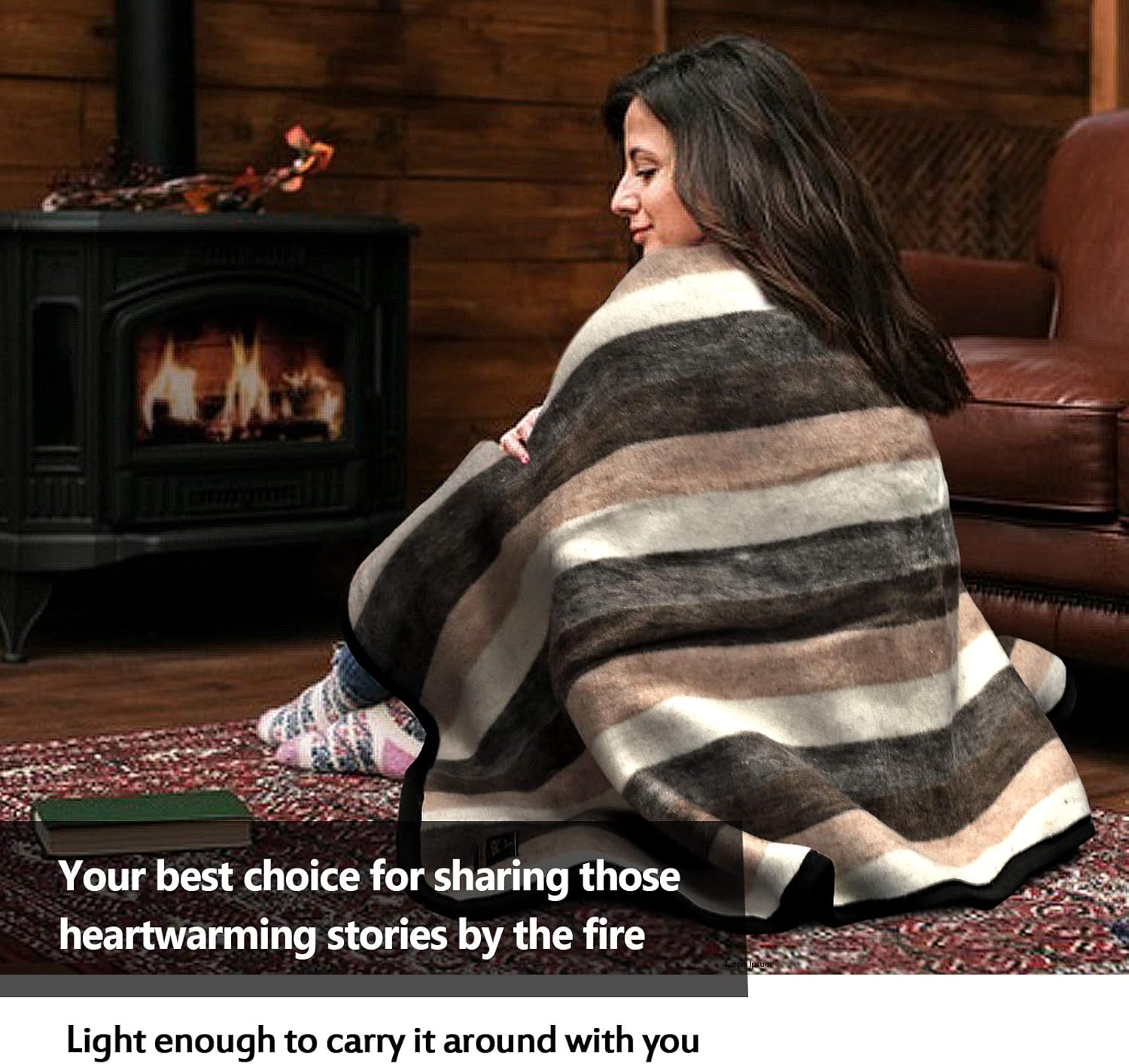 Alpaca Warehouse 100% Natural Alpaca and Sheep Wool Blanket Twin Size Thick Heavyweight Comfortably Warm - Great for Outdoor Use - Striped Design 87" x 60" (Melange Brown/Beige/Gray, Twin)