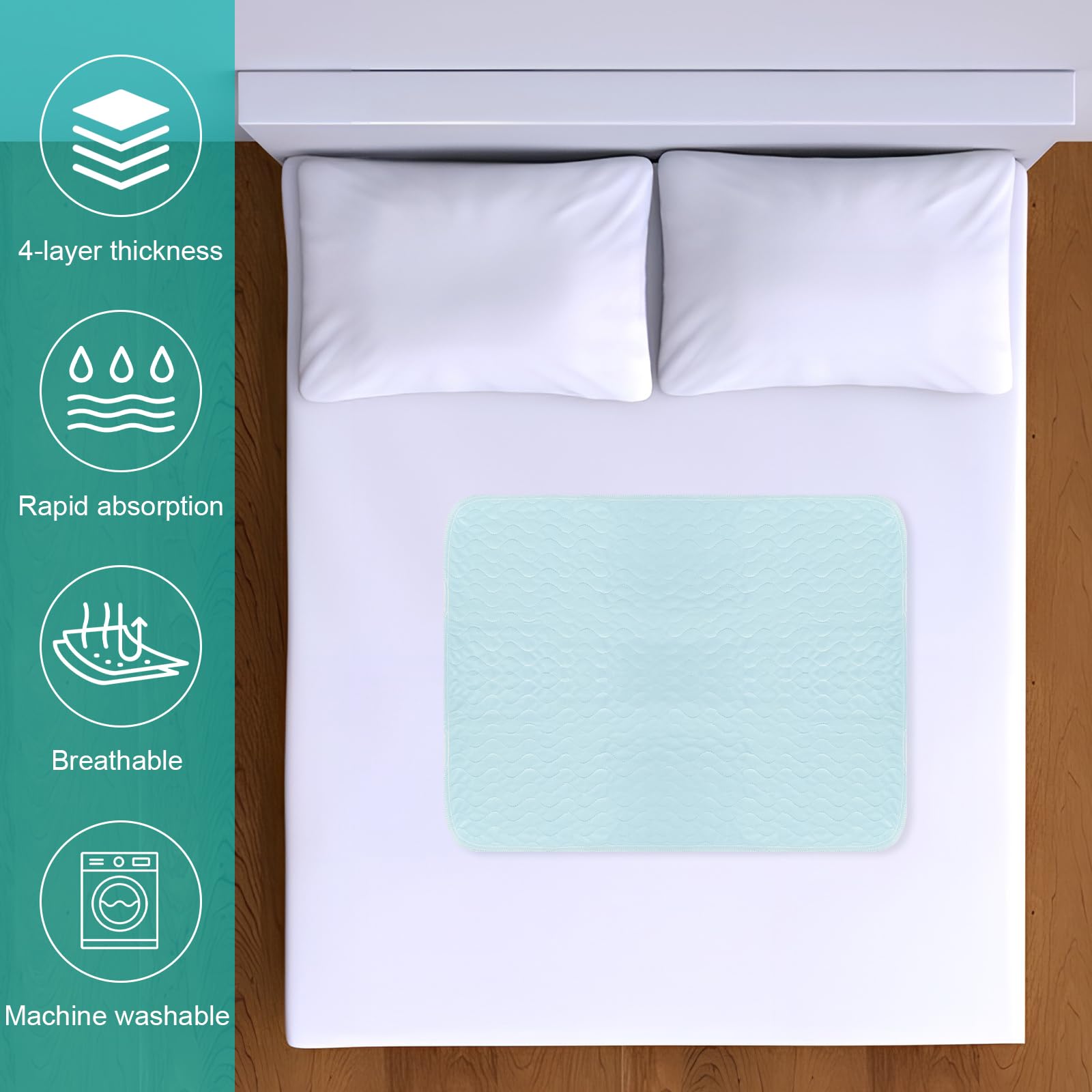 Empapadores Cama Lavable, Protector de Cama Absorbente para Incontinencia Sábana Impermeable para Incontinencia, Protector Reutilizable de Colchón para Niños o Adultos, 92 x 87 cm, Azul