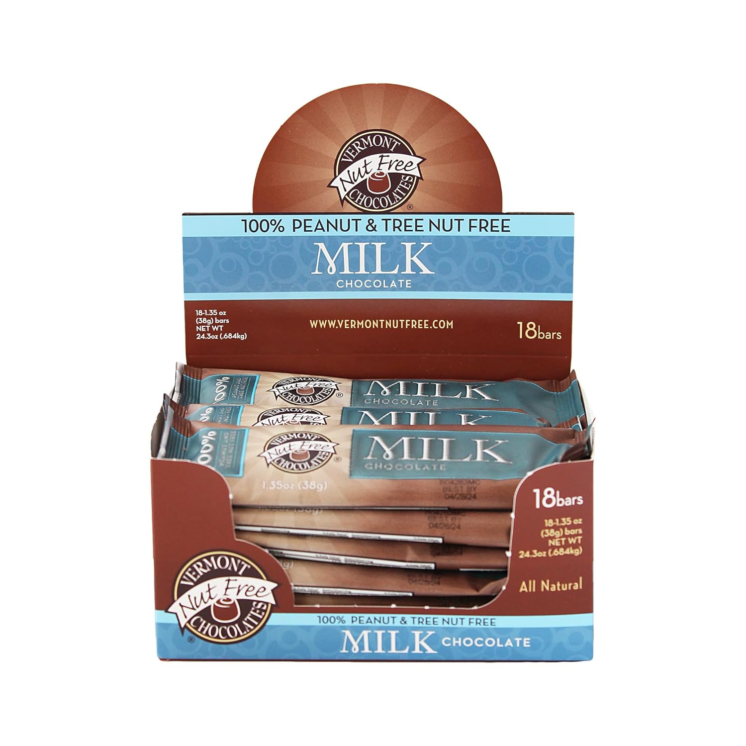 Vermont Nut Free Chocolates Small Bar (Milk Chocolate) 1.35 Ounce Bars, 18 Count, Nut-Free, Egg-Free, Kosher