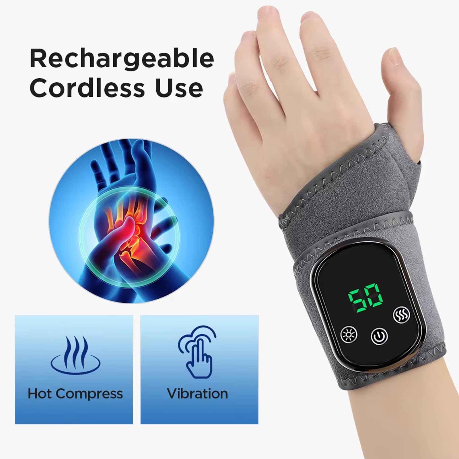 Muñequera vibradora térmica para aliviar el dolor de artritis con 5 métodos de calentamiento y 3 métodos de masaje, temporizador inteligente de 30 minutos