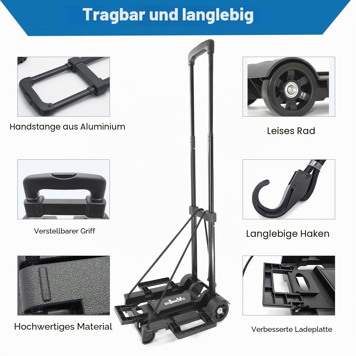 ZHJINGYU Sackkarre Klappbar, 35KG Transportkarre mit Teleskopstange, 2 Expanderseilen inklusive - Leichtgängige Räder (schwarz)