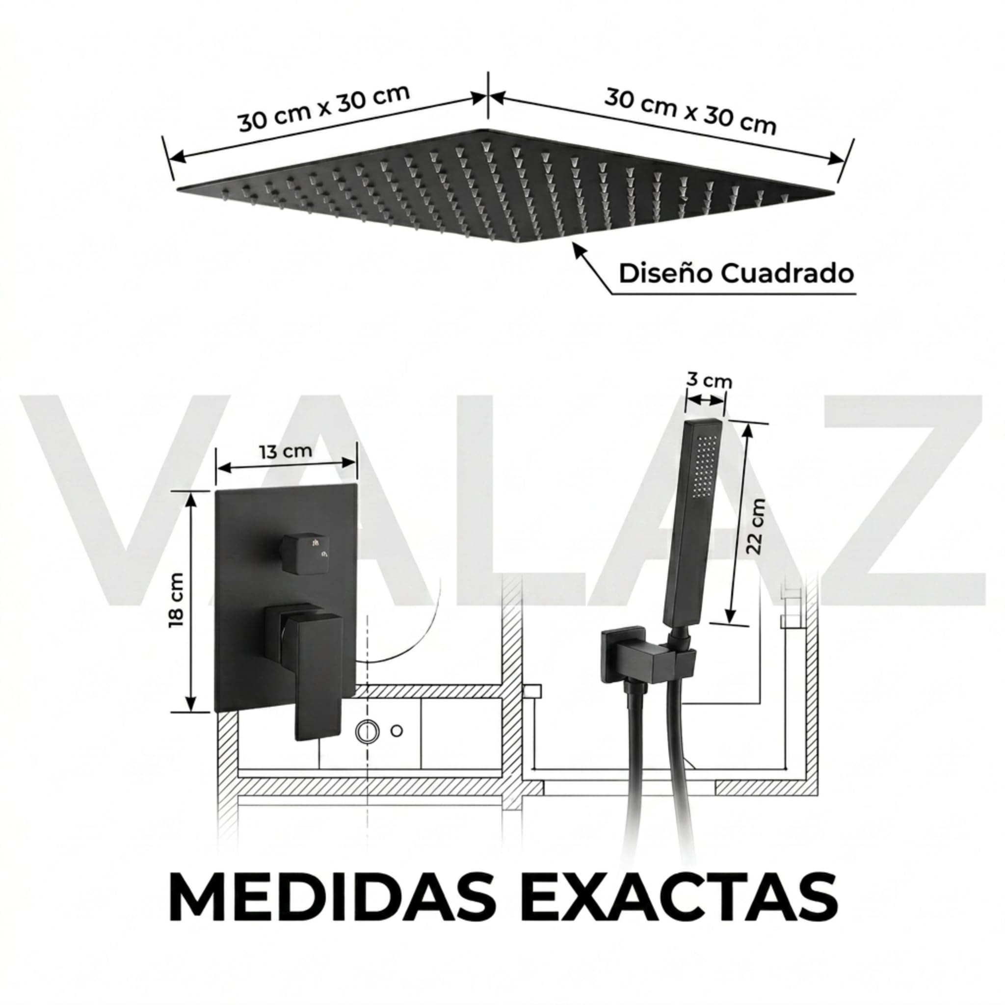 VALAZ Ducha Encastrada Negro Mate | Ducha Monomando 2 Vías, Rociador Efecto Lluvia | Instalación en Techo Fácil y Rápida | Inoxidable, Cuadrada, Rociador 30 cm, Serie Tajo